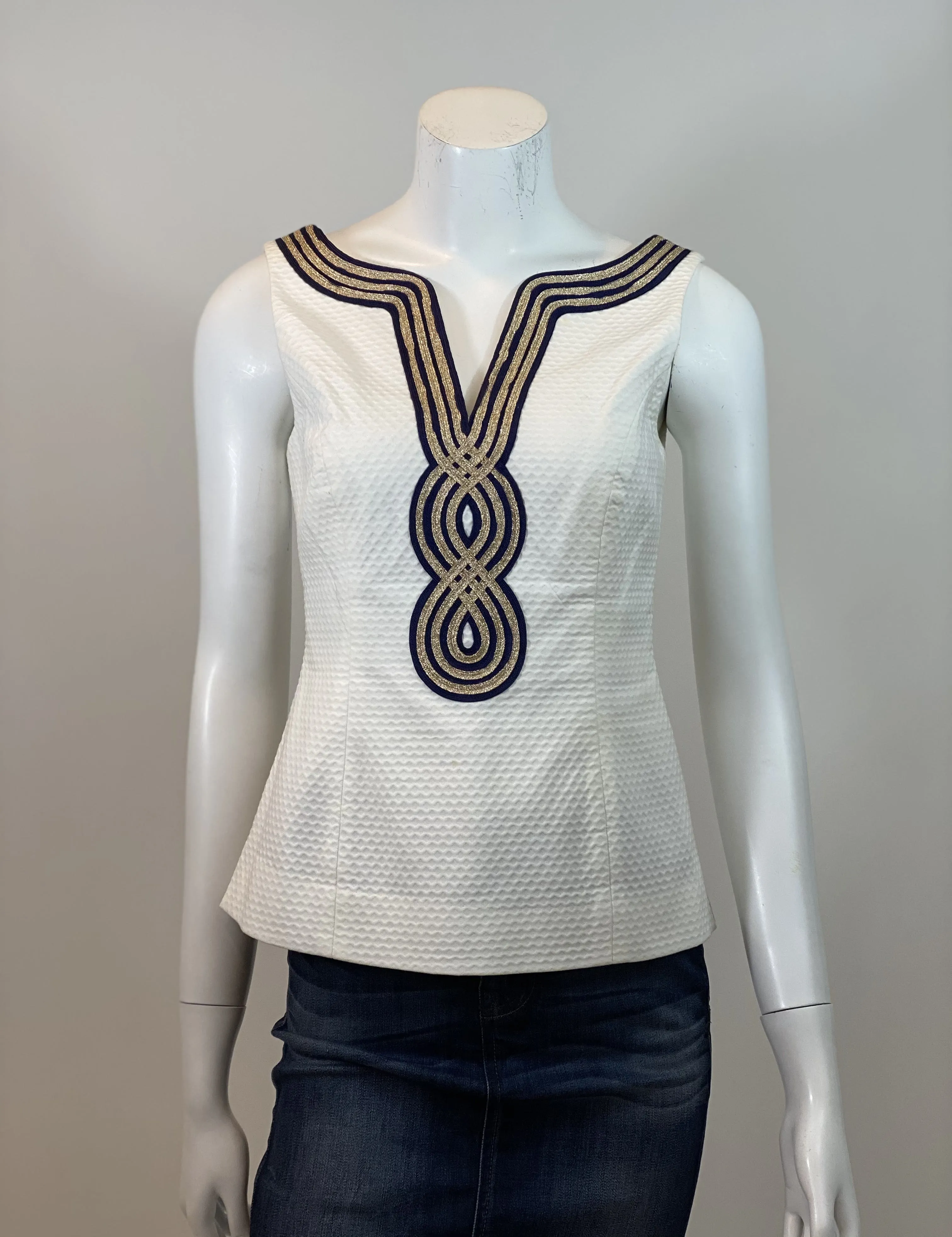 00's Gold and Navy Trimmed Sleeveless Blouse by Lilly Pulitzer