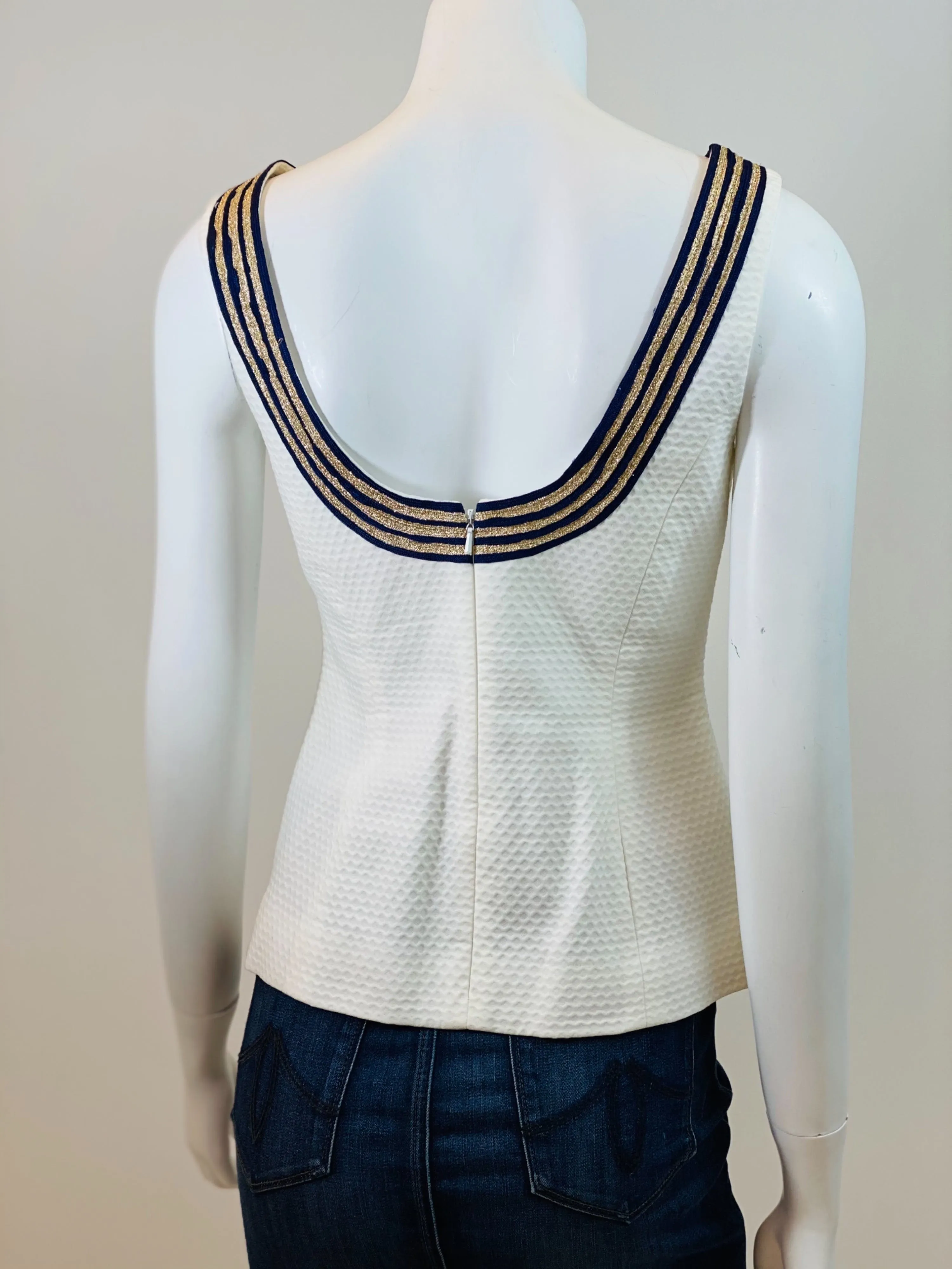 00's Gold and Navy Trimmed Sleeveless Blouse by Lilly Pulitzer