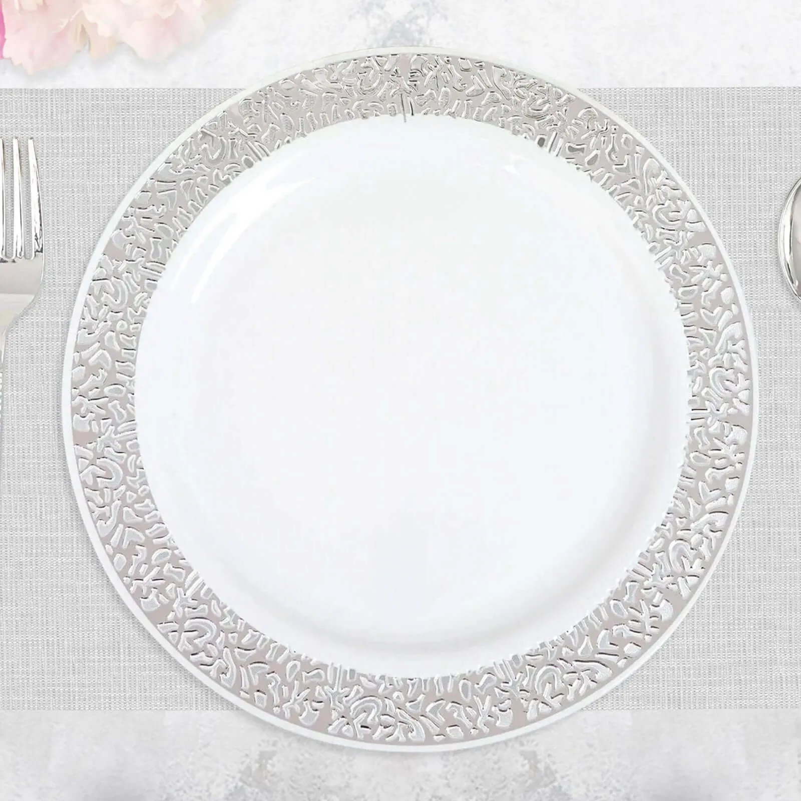 10 Pack 10" Elegant Silver Lace Rim White Disposable Dinner Plates, Fancy Plastic Party Plates