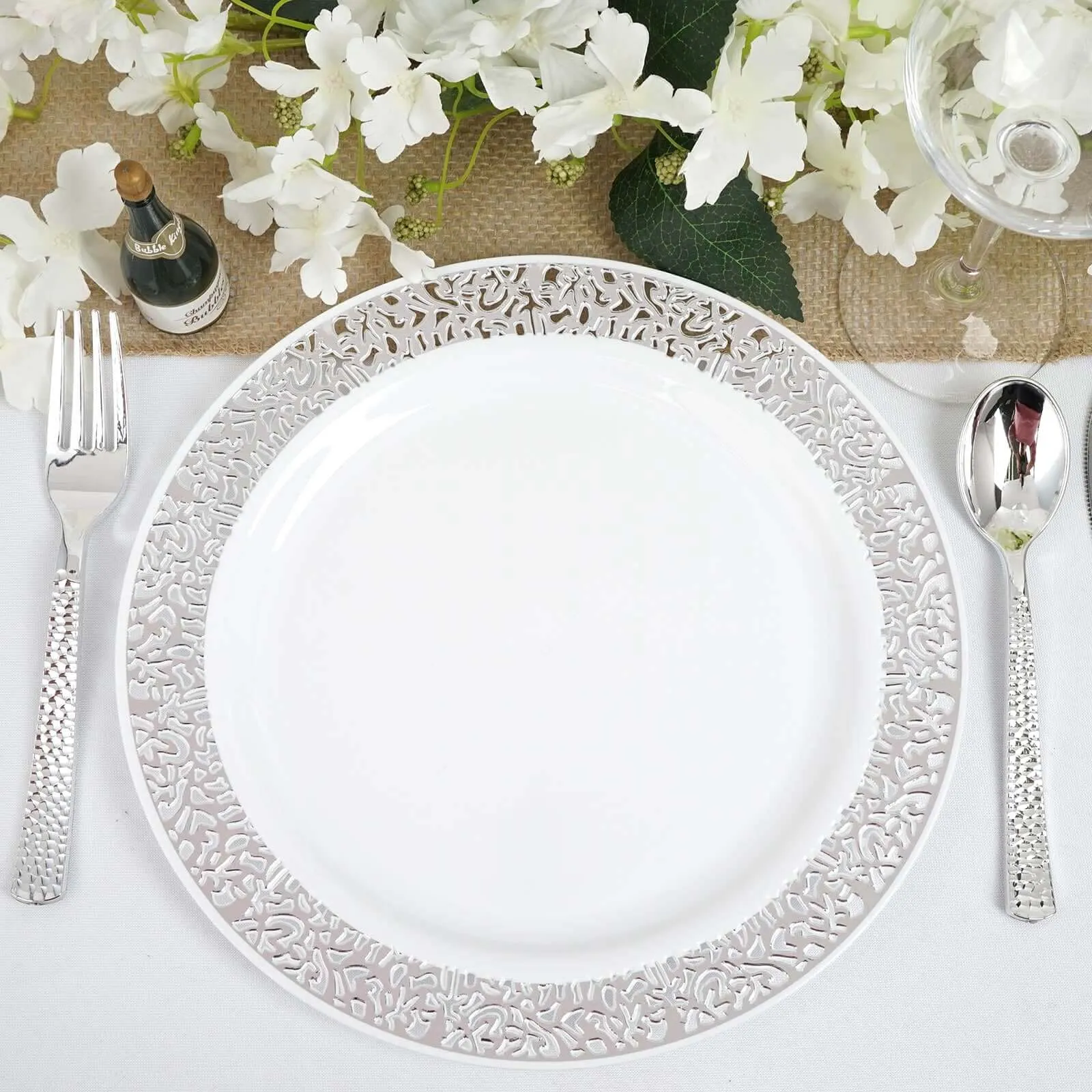 10 Pack 10" Elegant Silver Lace Rim White Disposable Dinner Plates, Fancy Plastic Party Plates