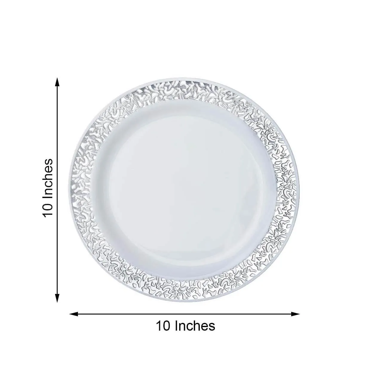 10 Pack 10" Elegant Silver Lace Rim White Disposable Dinner Plates, Fancy Plastic Party Plates