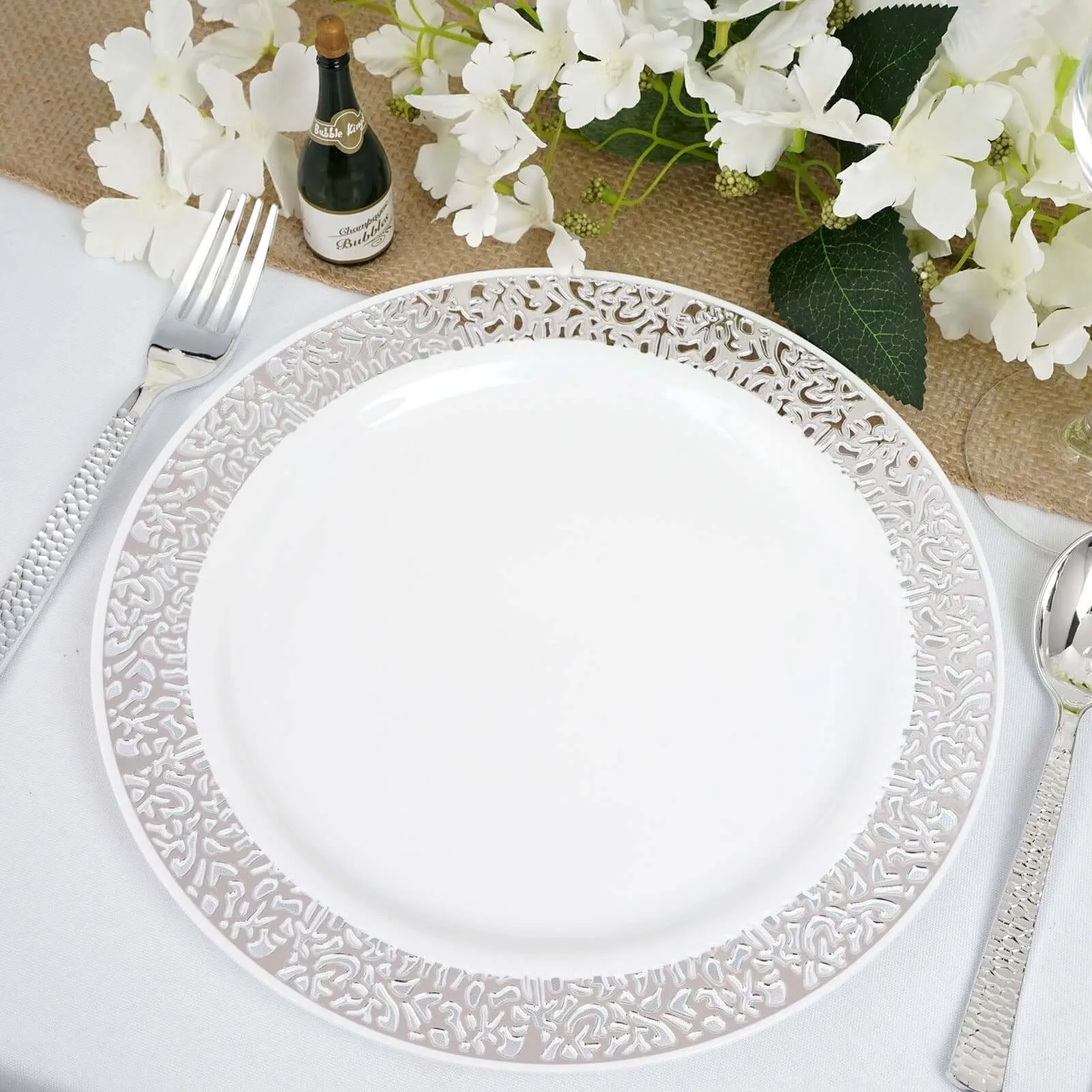 10 Pack 10" Elegant Silver Lace Rim White Disposable Dinner Plates, Fancy Plastic Party Plates