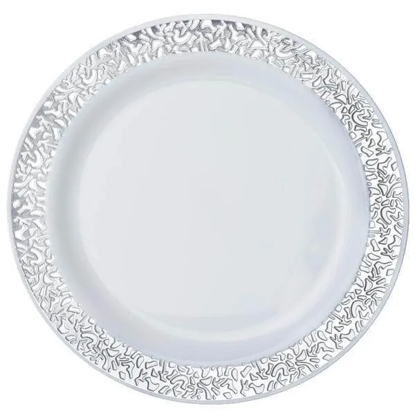 10 Pack 10" Elegant Silver Lace Rim White Disposable Dinner Plates, Fancy Plastic Party Plates