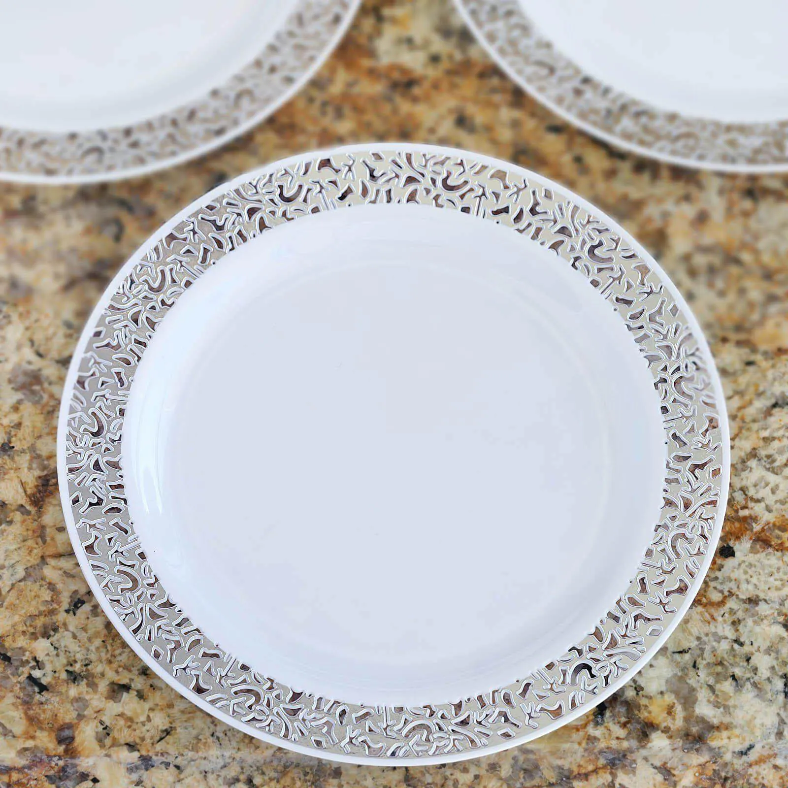 10 Pack 10" Elegant Silver Lace Rim White Disposable Dinner Plates, Fancy Plastic Party Plates