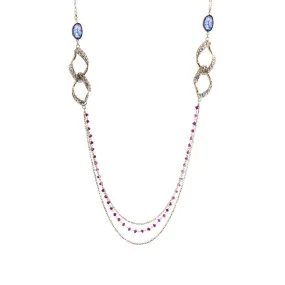 14 Karat Yellow Gold Ruby and Sapphire Multi Strand Necklace, 31.5 inch.