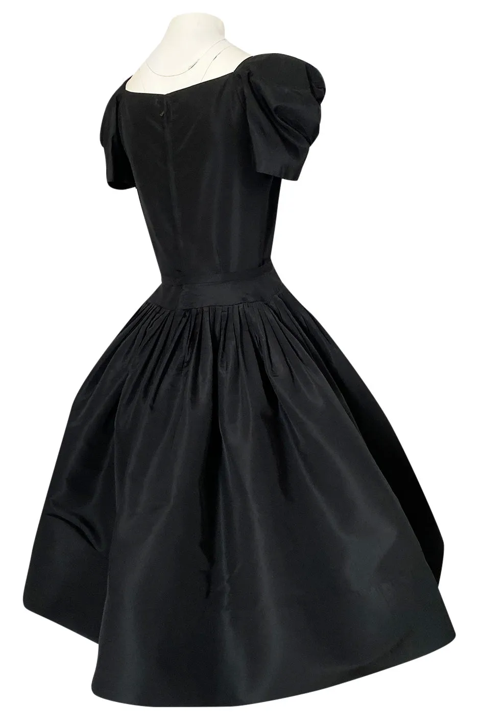 1950s Unlabeled Very Well Made Black Silk Full Skirted Silk Cocktail Dress