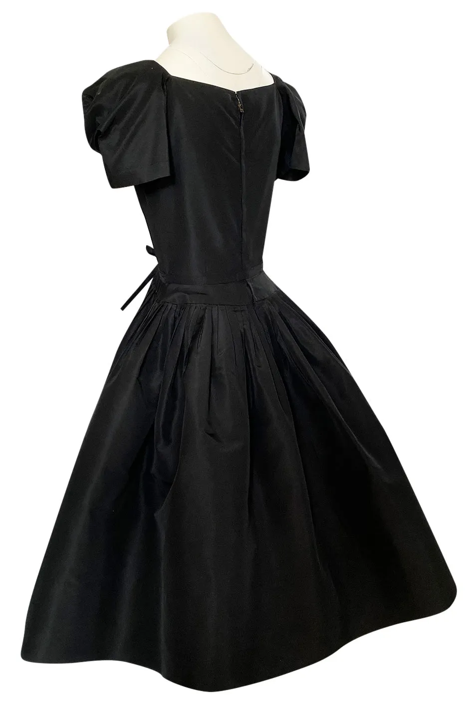 1950s Unlabeled Very Well Made Black Silk Full Skirted Silk Cocktail Dress