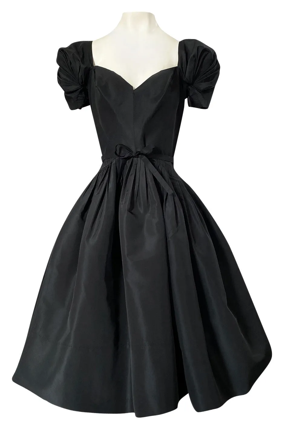 1950s Unlabeled Very Well Made Black Silk Full Skirted Silk Cocktail Dress