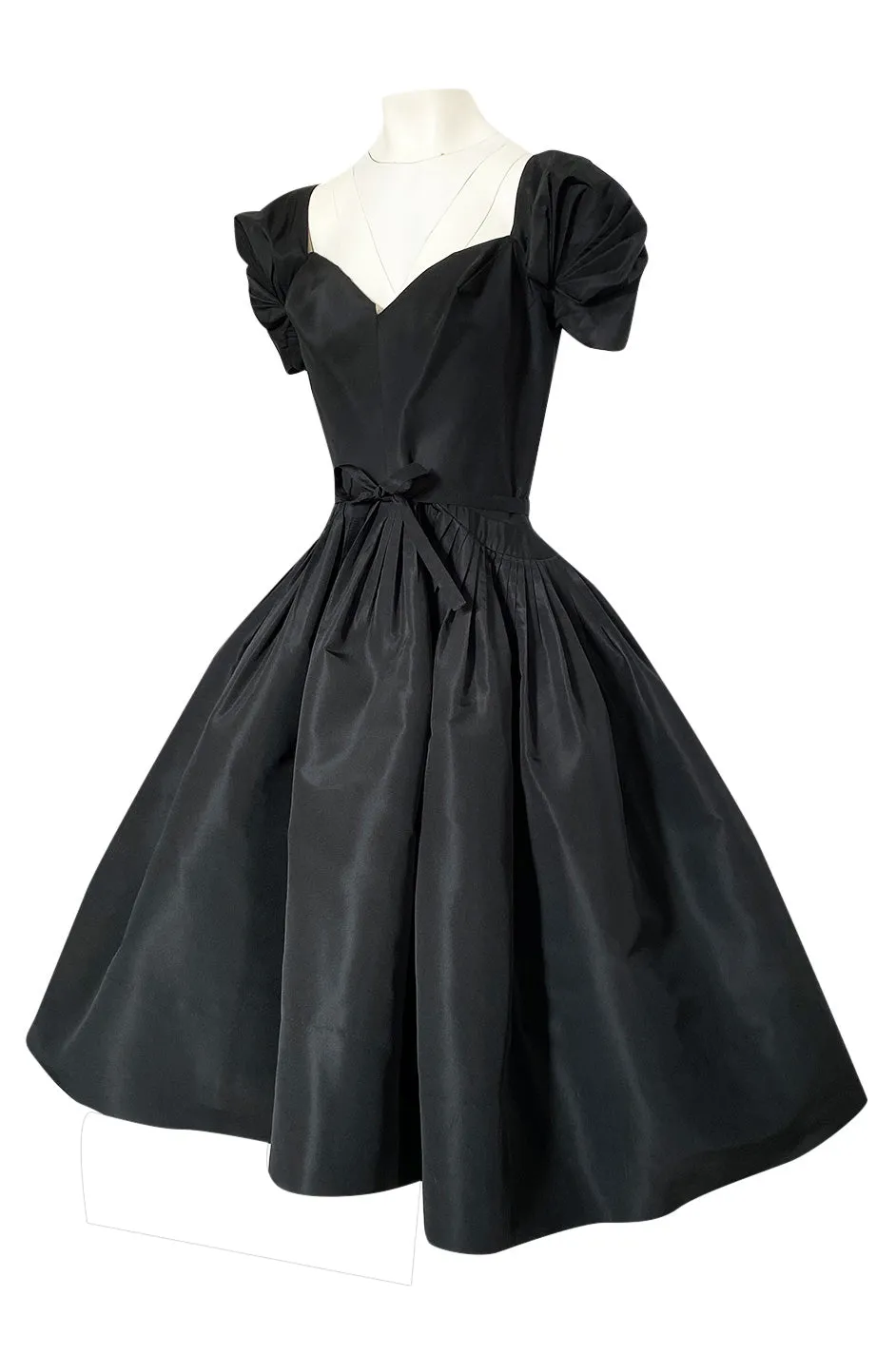 1950s Unlabeled Very Well Made Black Silk Full Skirted Silk Cocktail Dress