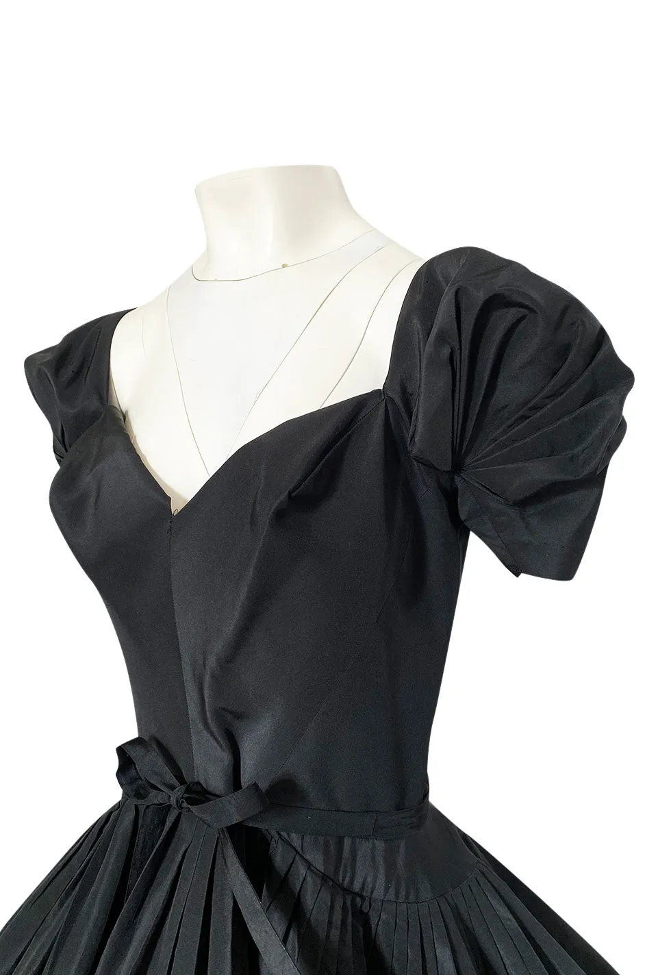 1950s Unlabeled Very Well Made Black Silk Full Skirted Silk Cocktail Dress