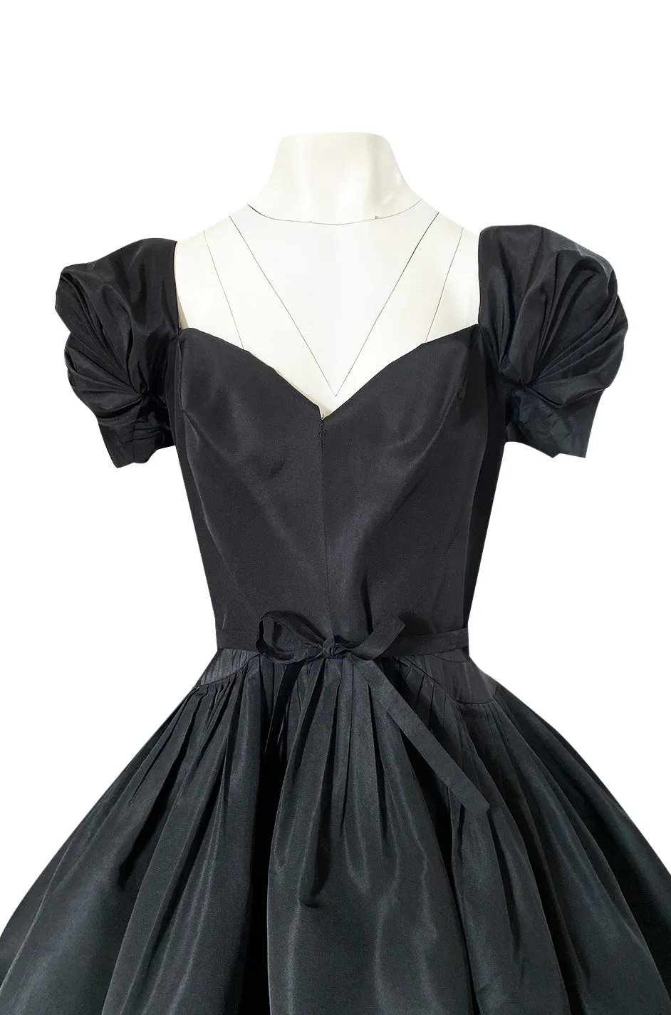 1950s Unlabeled Very Well Made Black Silk Full Skirted Silk Cocktail Dress