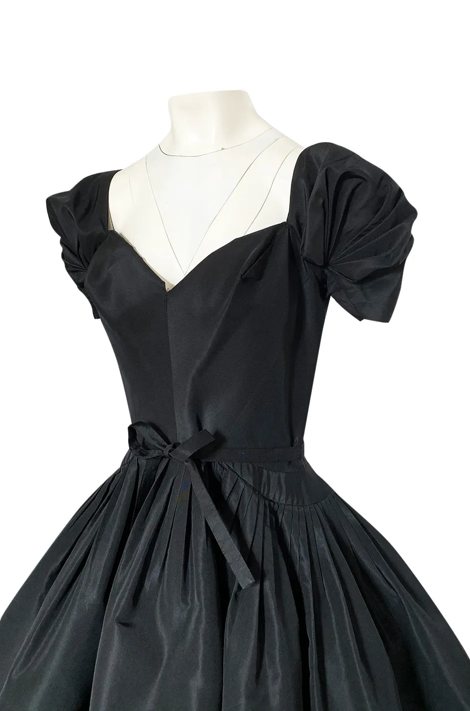 1950s Unlabeled Very Well Made Black Silk Full Skirted Silk Cocktail Dress