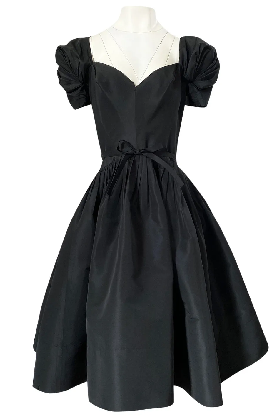 1950s Unlabeled Very Well Made Black Silk Full Skirted Silk Cocktail Dress