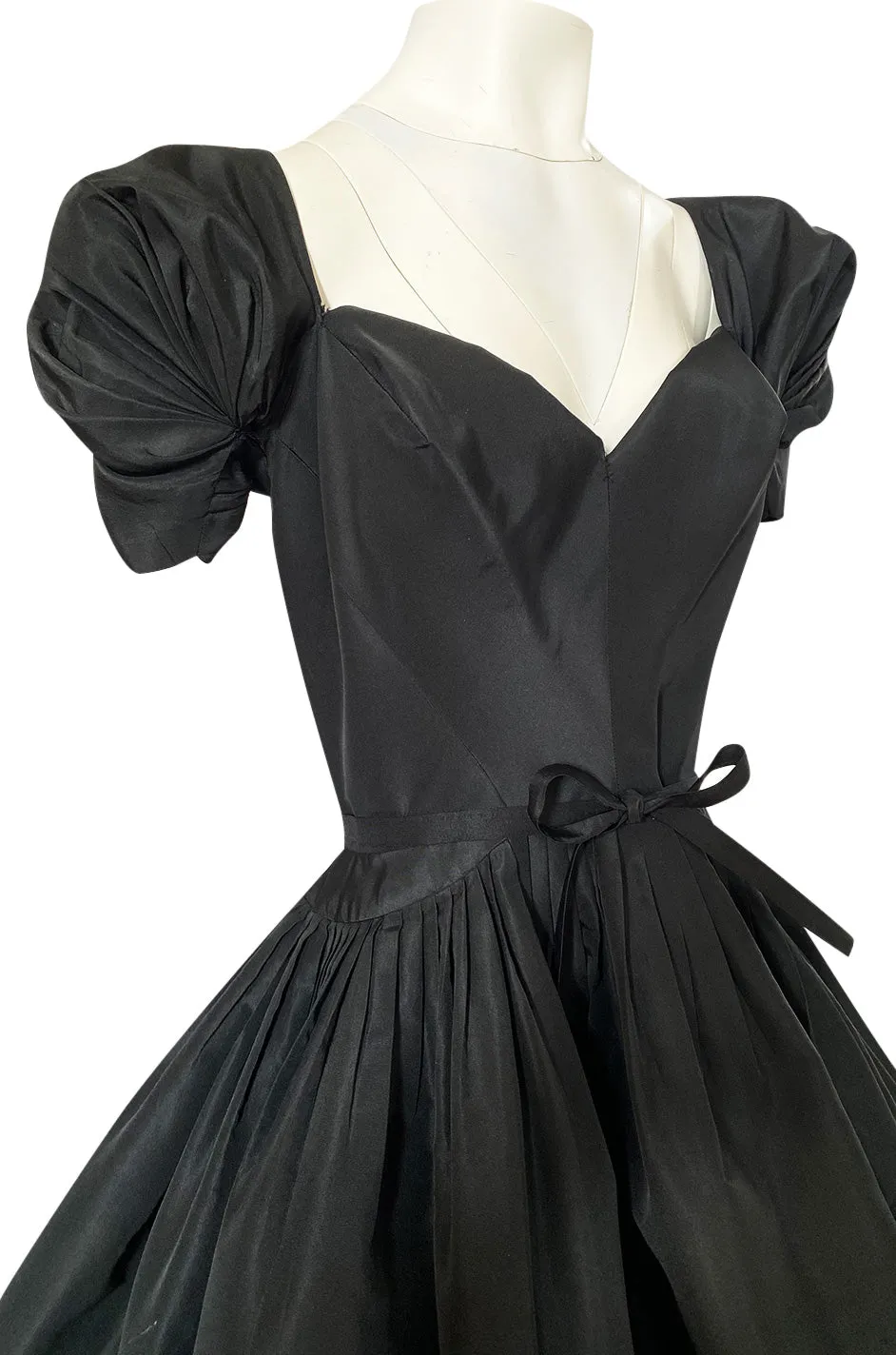 1950s Unlabeled Very Well Made Black Silk Full Skirted Silk Cocktail Dress