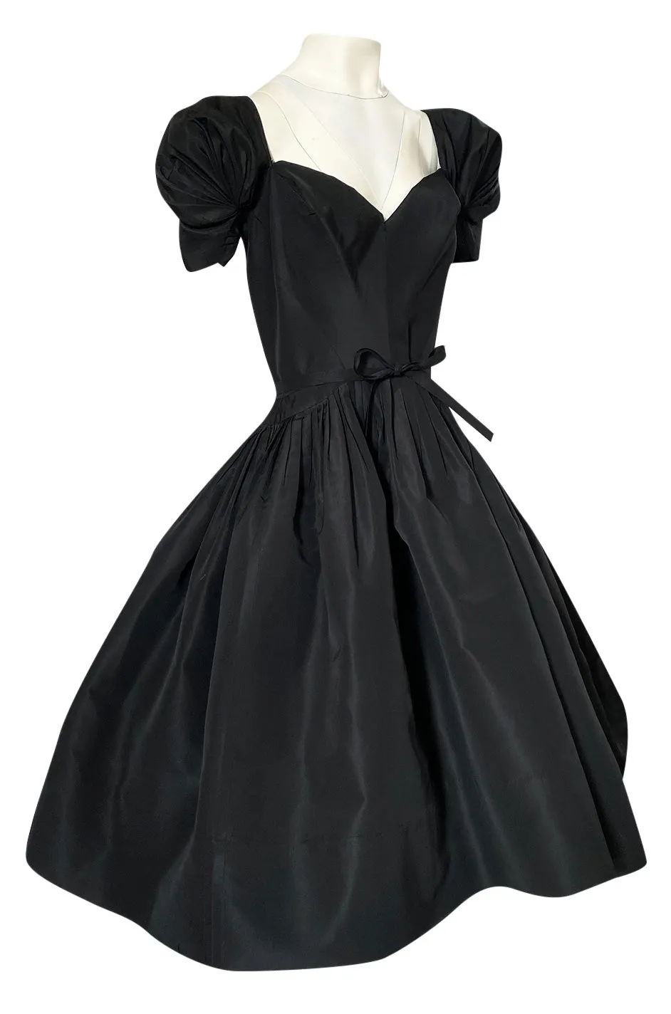 1950s Unlabeled Very Well Made Black Silk Full Skirted Silk Cocktail Dress