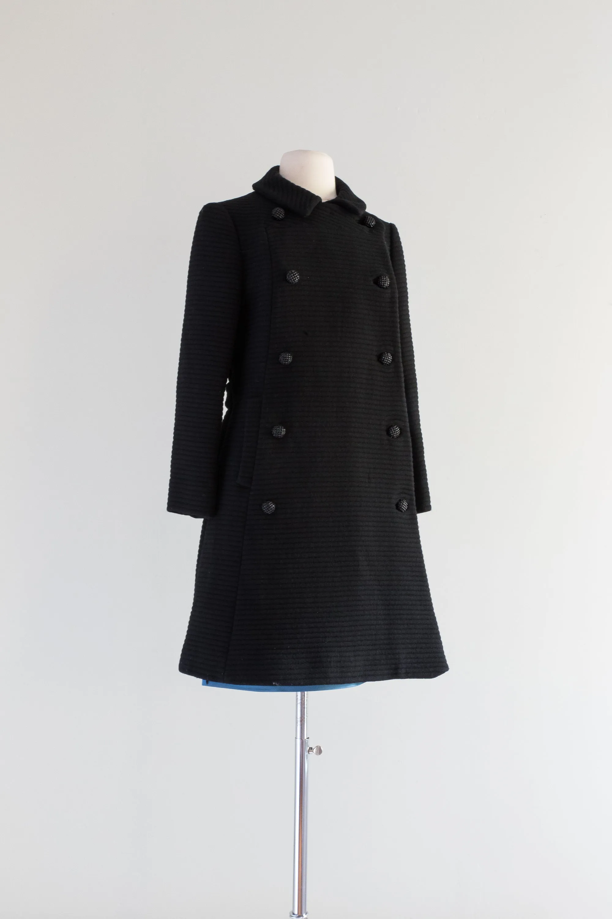 1960's Black Wool Structured Coat With Decorative Buttons & Blue Lining / Small