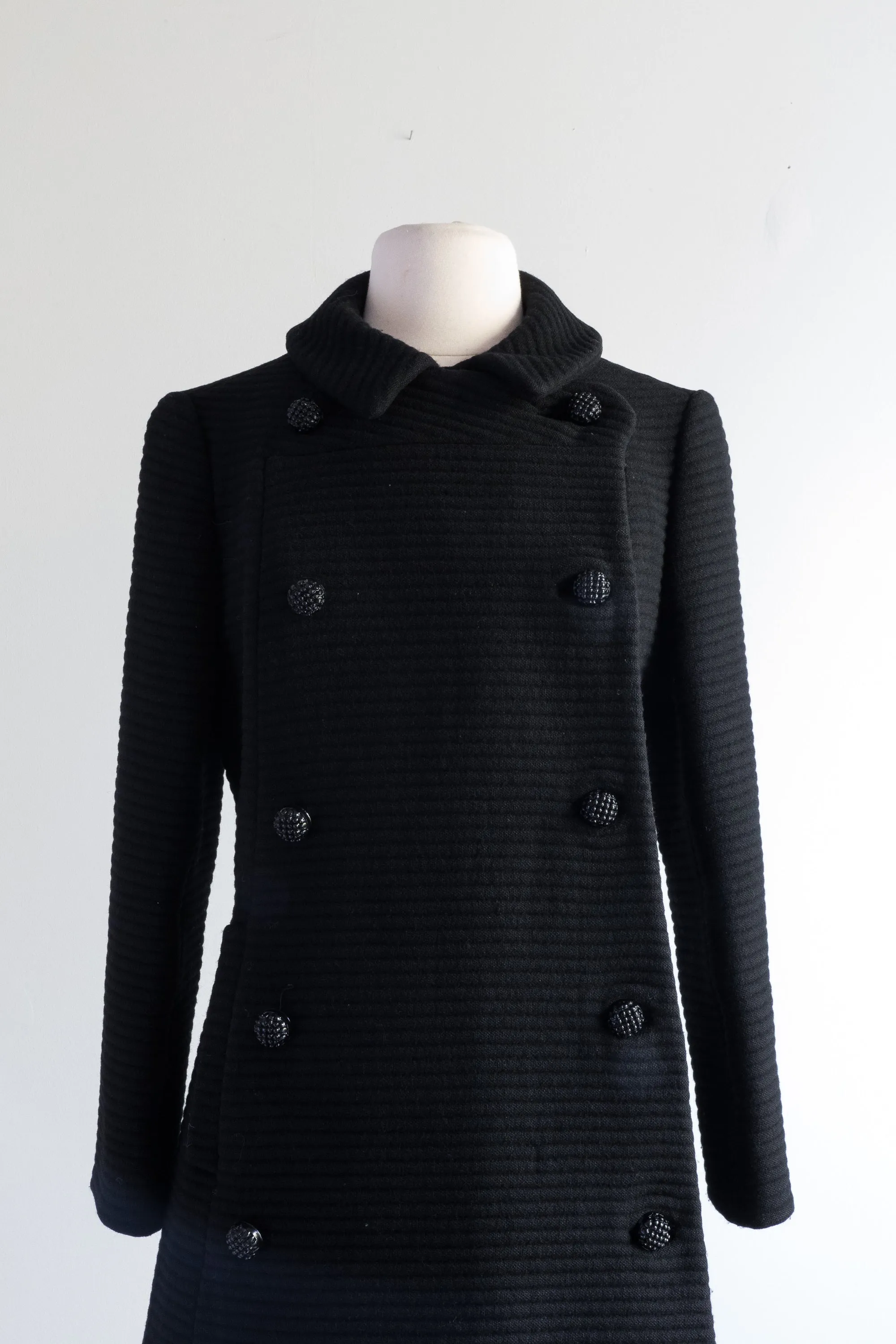 1960's Black Wool Structured Coat With Decorative Buttons & Blue Lining / Small