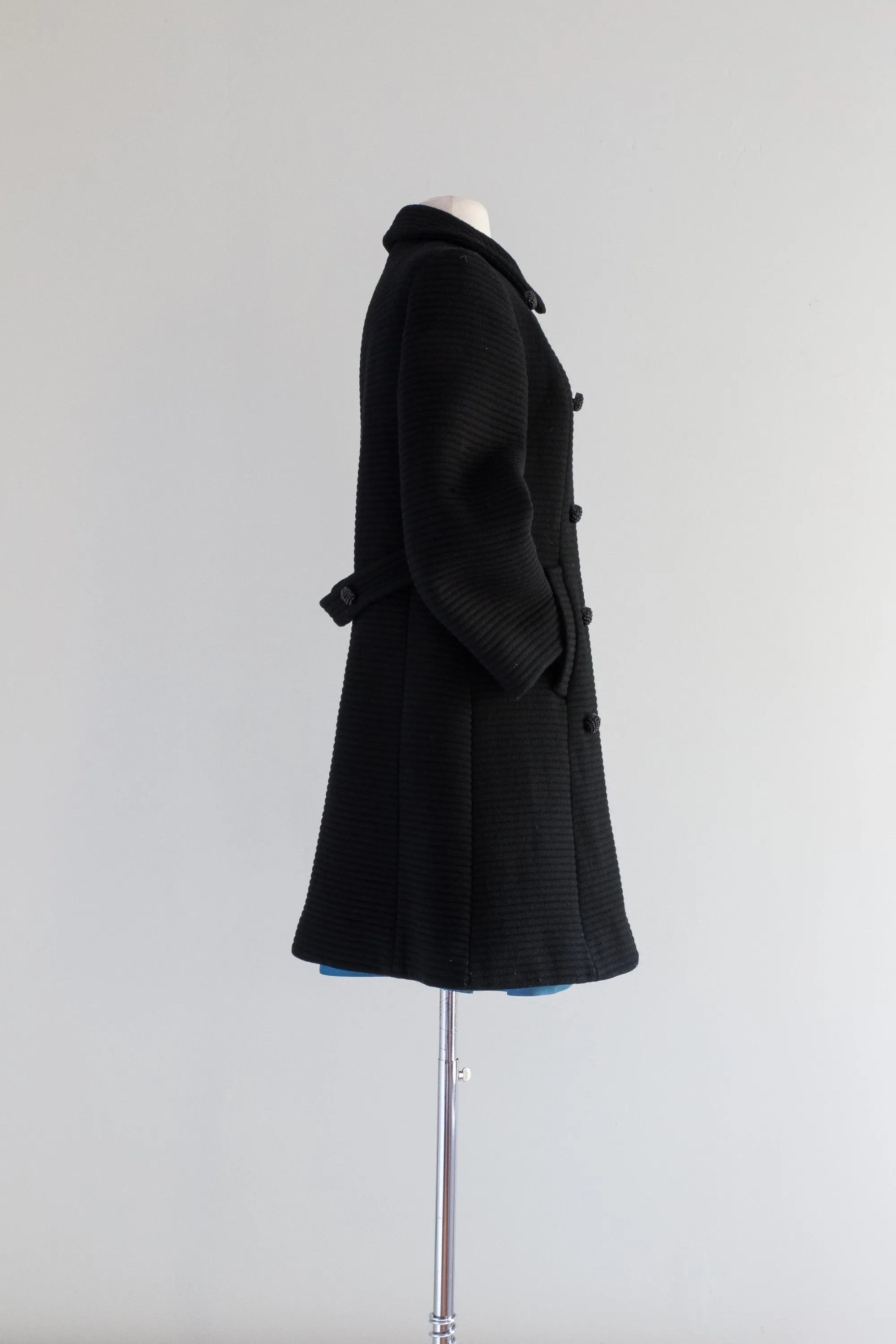 1960's Black Wool Structured Coat With Decorative Buttons & Blue Lining / Small