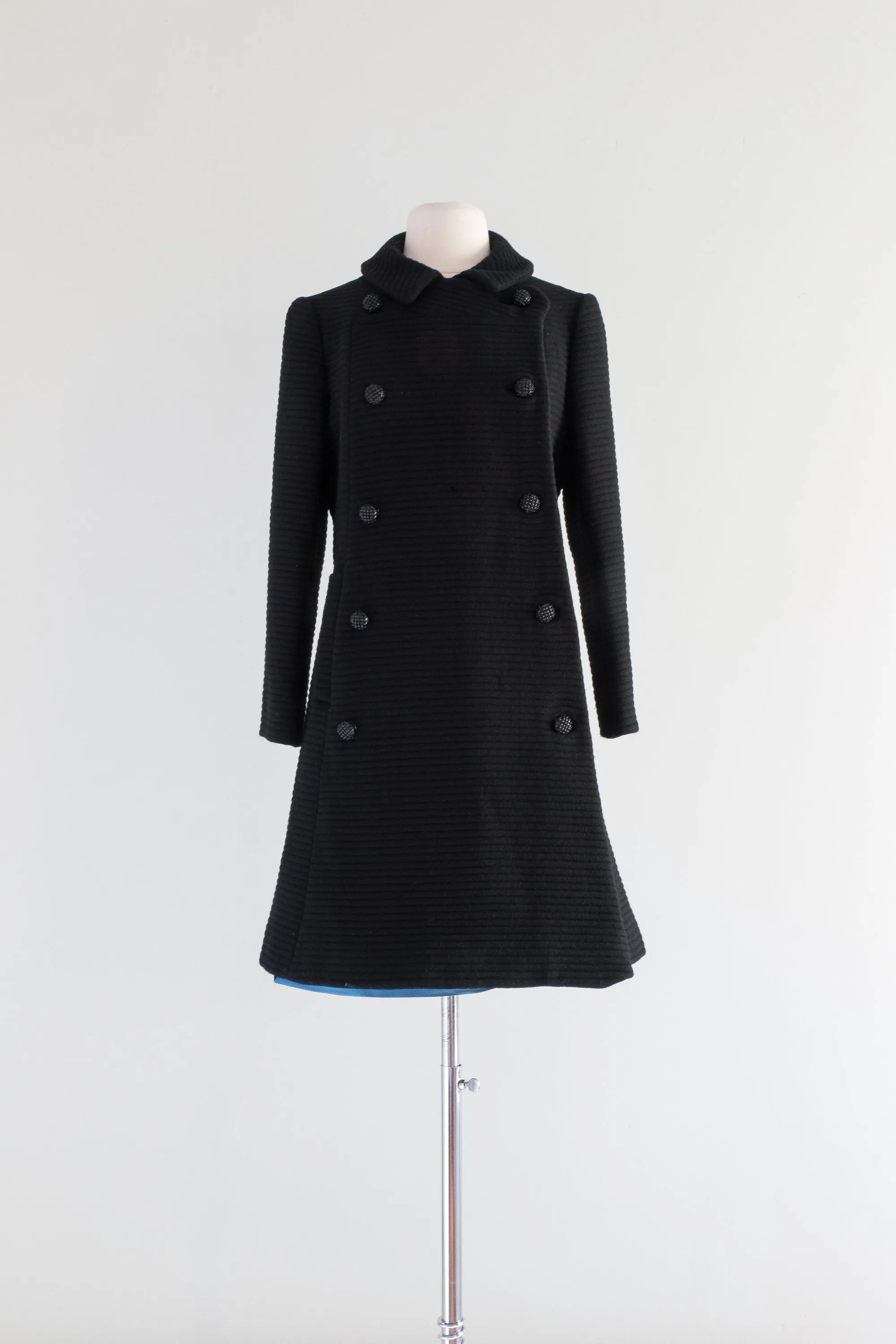 1960's Black Wool Structured Coat With Decorative Buttons & Blue Lining / Small