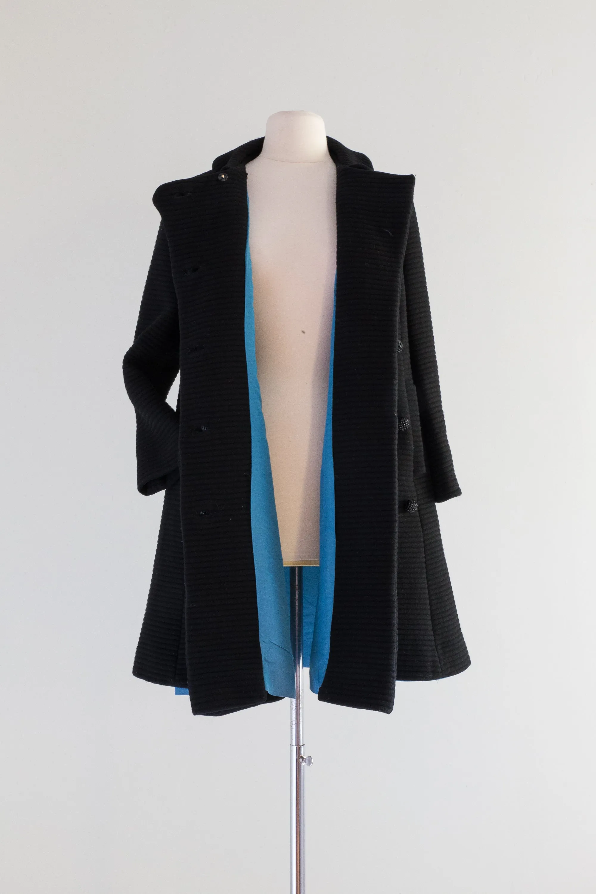 1960's Black Wool Structured Coat With Decorative Buttons & Blue Lining / Small