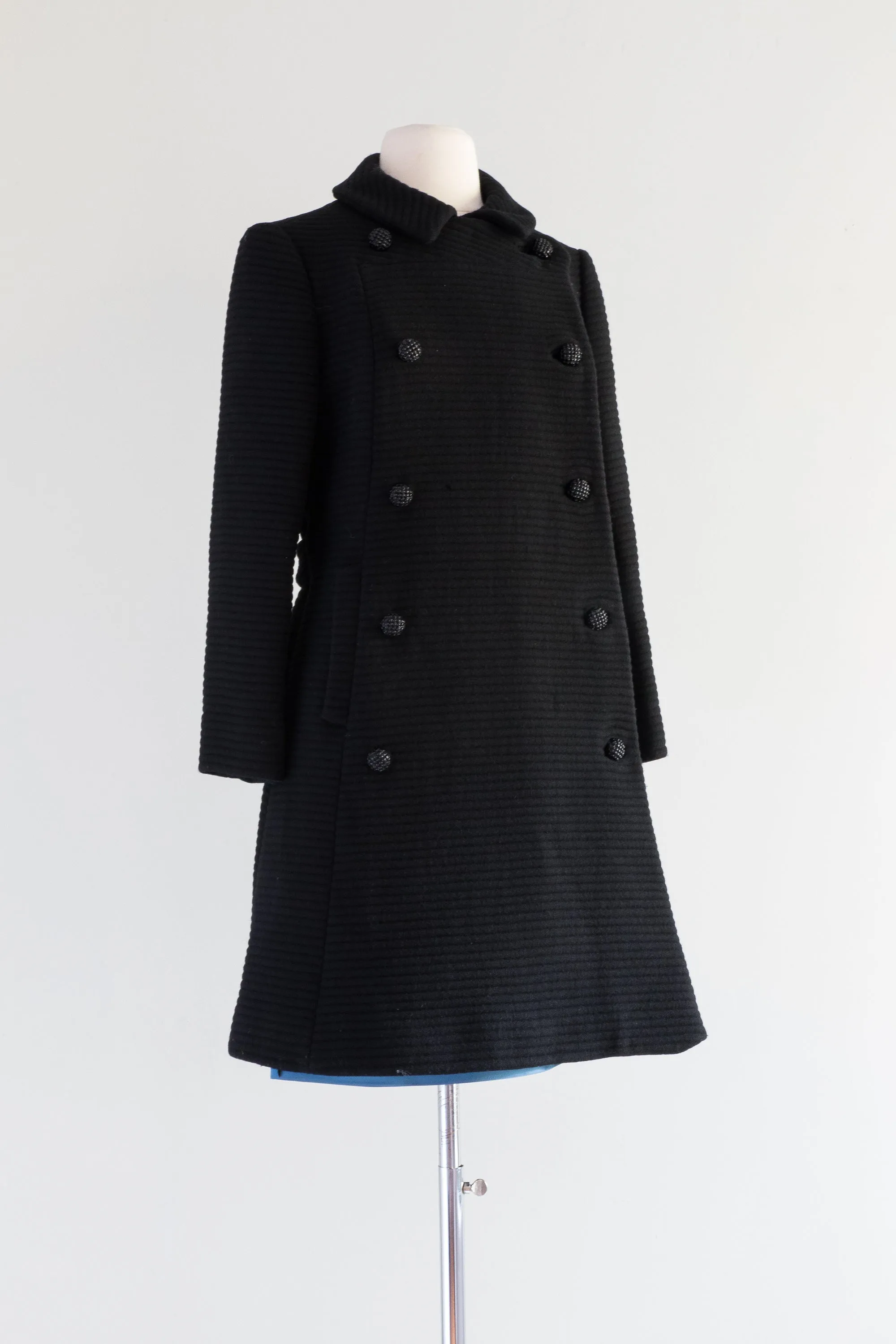 1960's Black Wool Structured Coat With Decorative Buttons & Blue Lining / Small