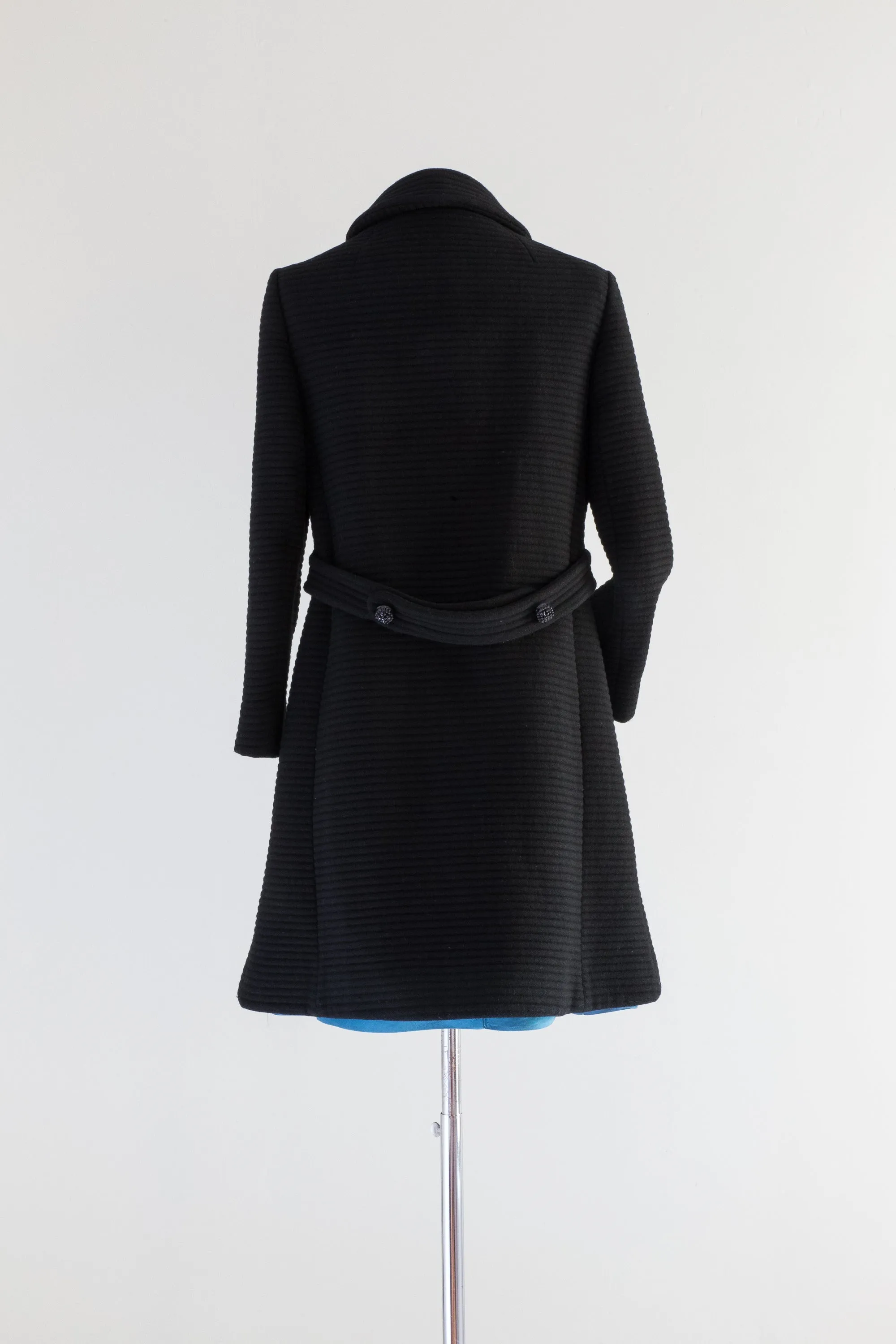 1960's Black Wool Structured Coat With Decorative Buttons & Blue Lining / Small