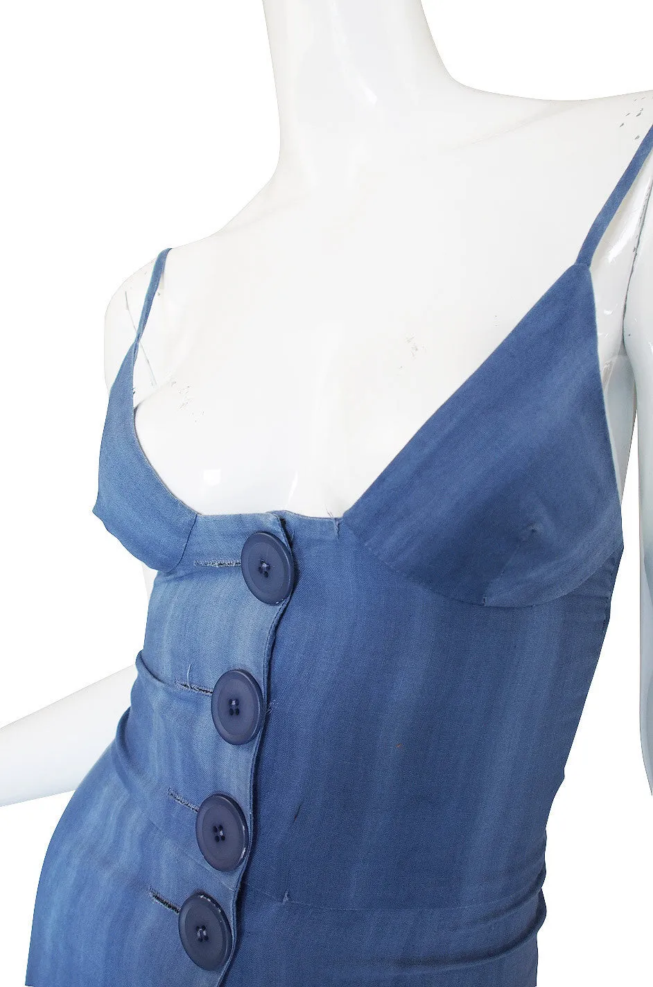 1960s Denim Look Biba Plunge Maxi Dress