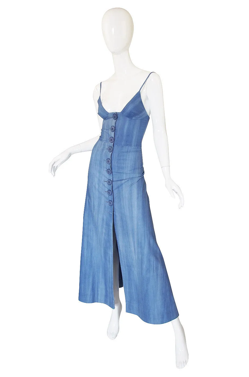 1960s Denim Look Biba Plunge Maxi Dress