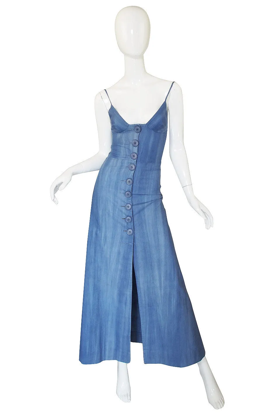 1960s Denim Look Biba Plunge Maxi Dress