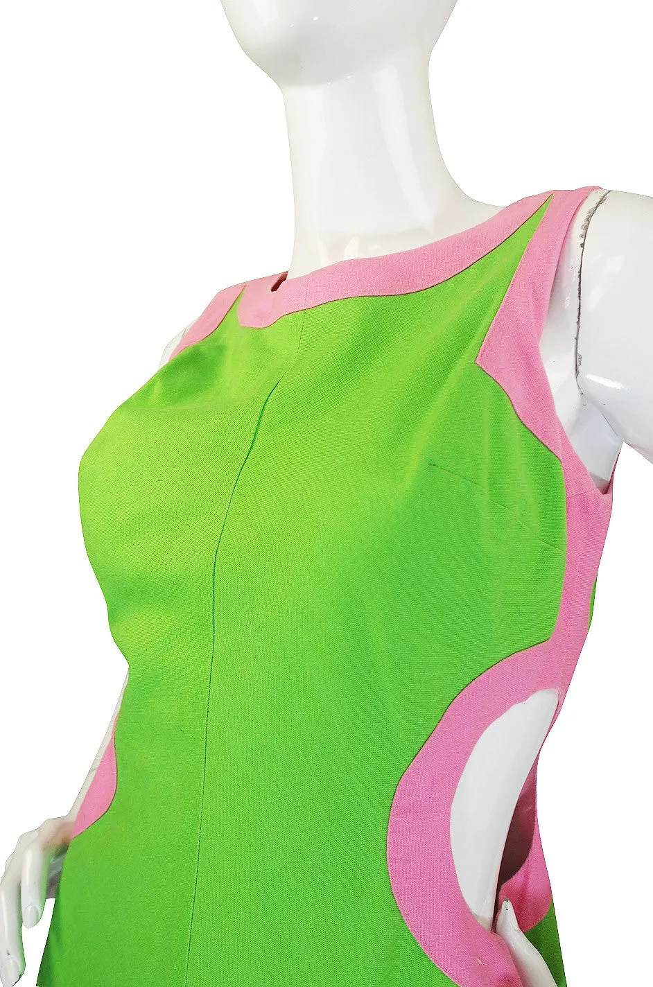 1960s Green & Pink Cut Out Mini Gogo Dress