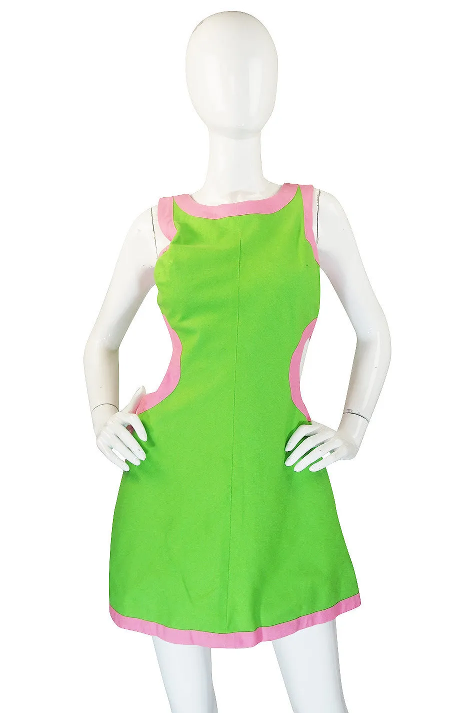 1960s Green & Pink Cut Out Mini Gogo Dress