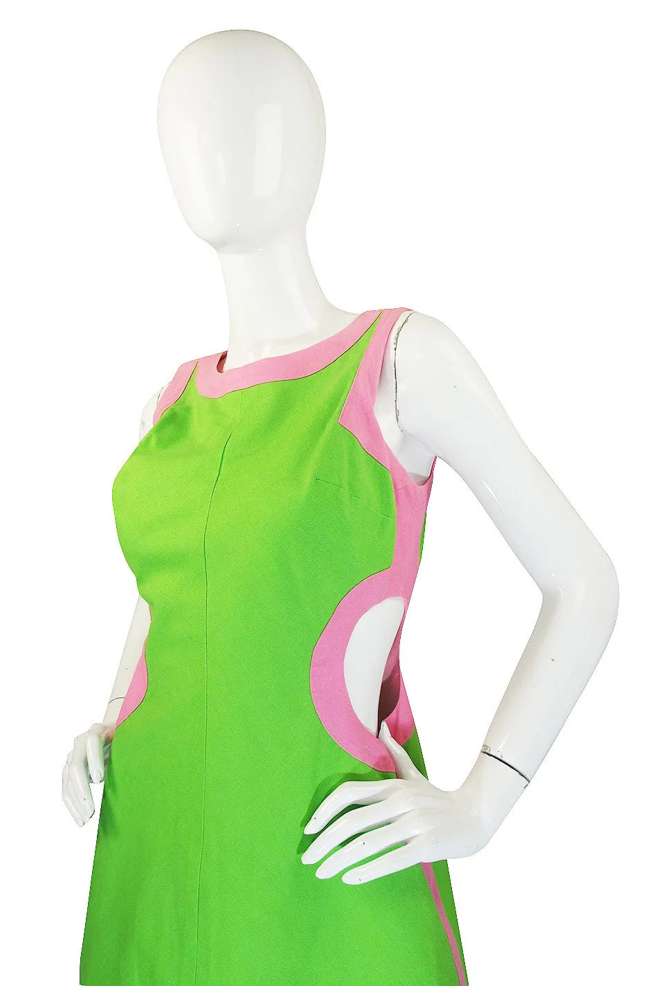 1960s Green & Pink Cut Out Mini Gogo Dress