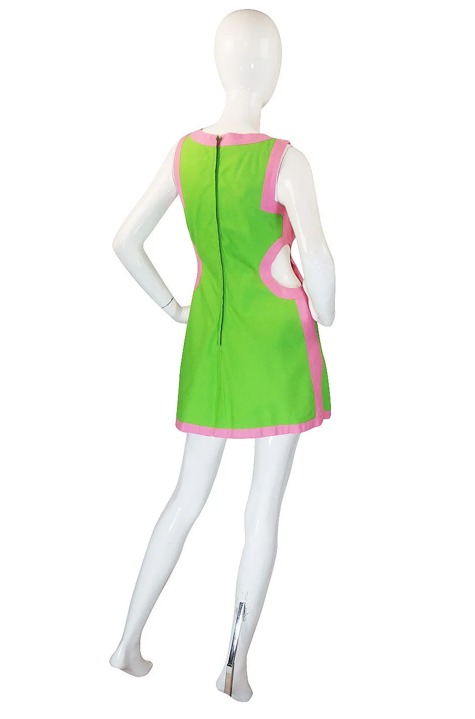 1960s Green & Pink Cut Out Mini Gogo Dress