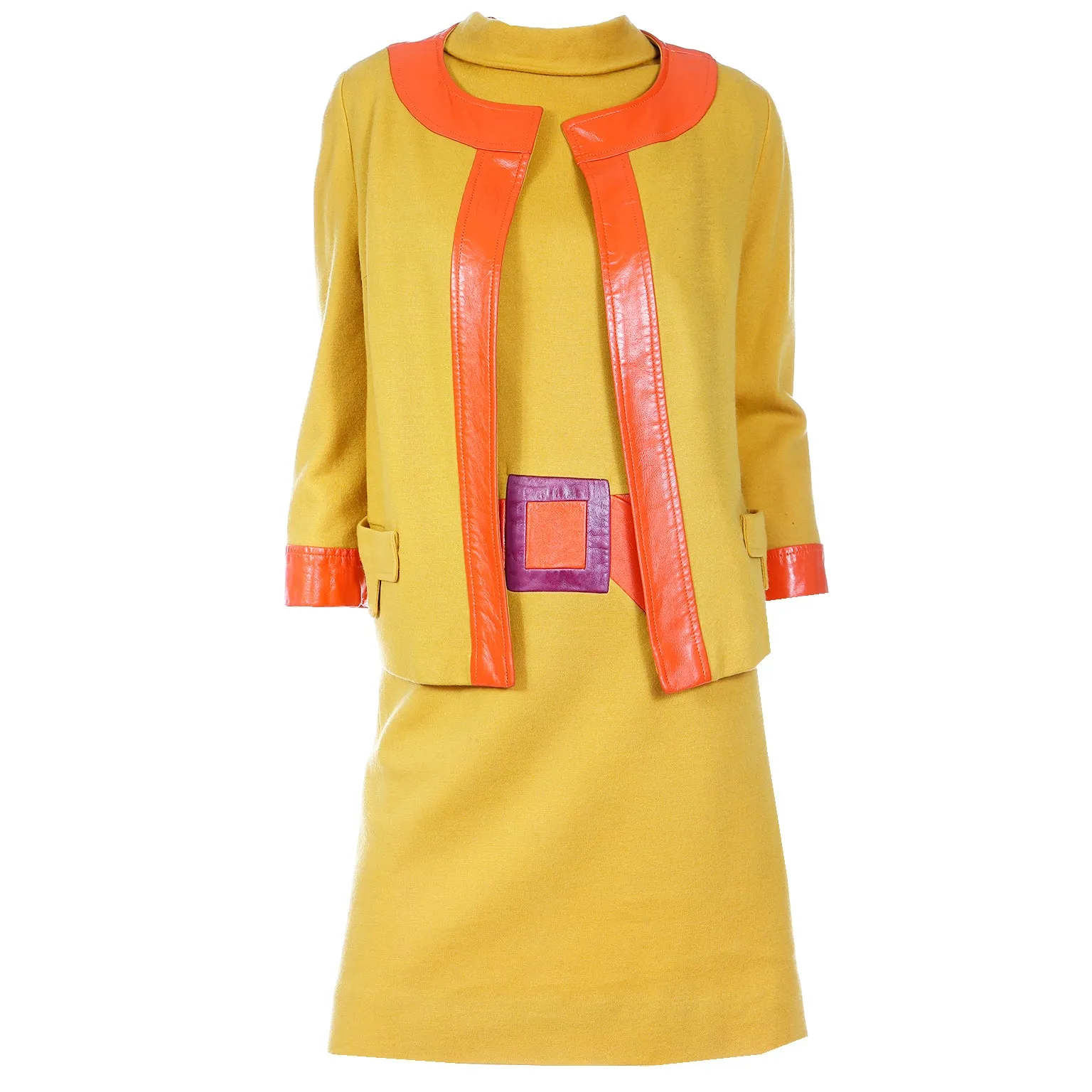 1960s Trompe L'oeil Mustard Yellow Orange & Purple Dress & Jacket