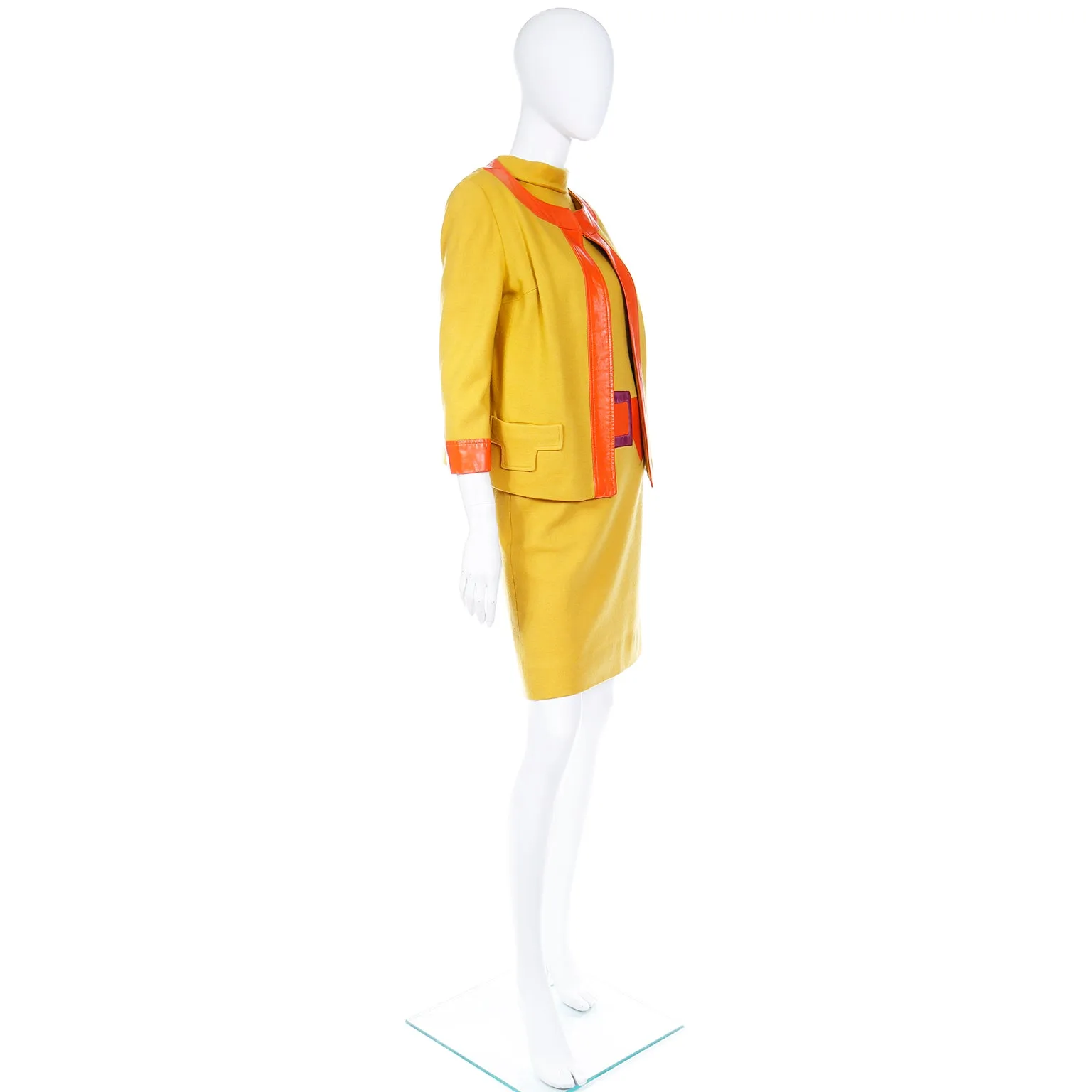 1960s Trompe L'oeil Mustard Yellow Orange & Purple Dress & Jacket