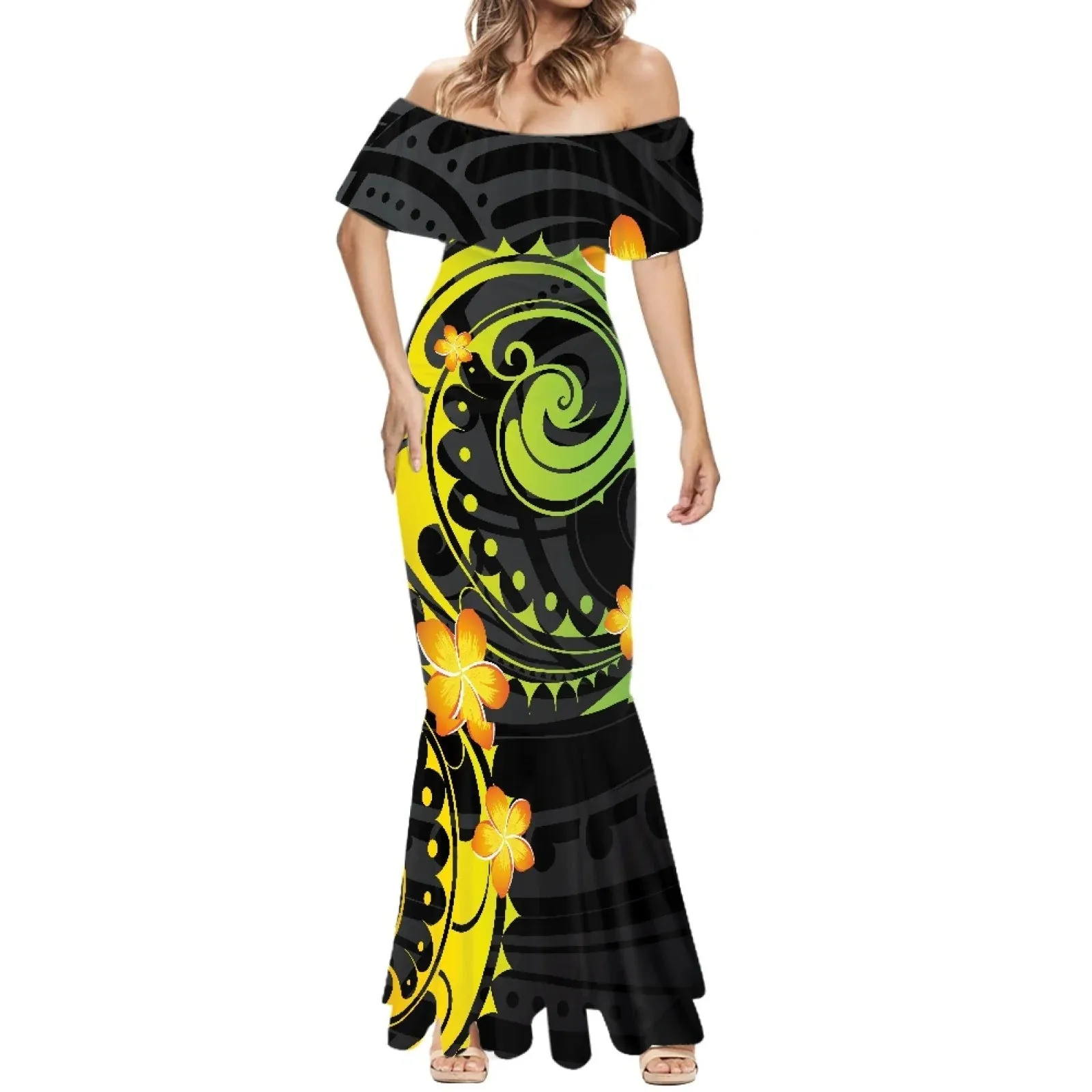 1pc Customized Hawaiian Print Women's 2024 Summer Dress Off The Shoulder Short Sleeve Shawl Casual Party Bodycon Mixi Dresses