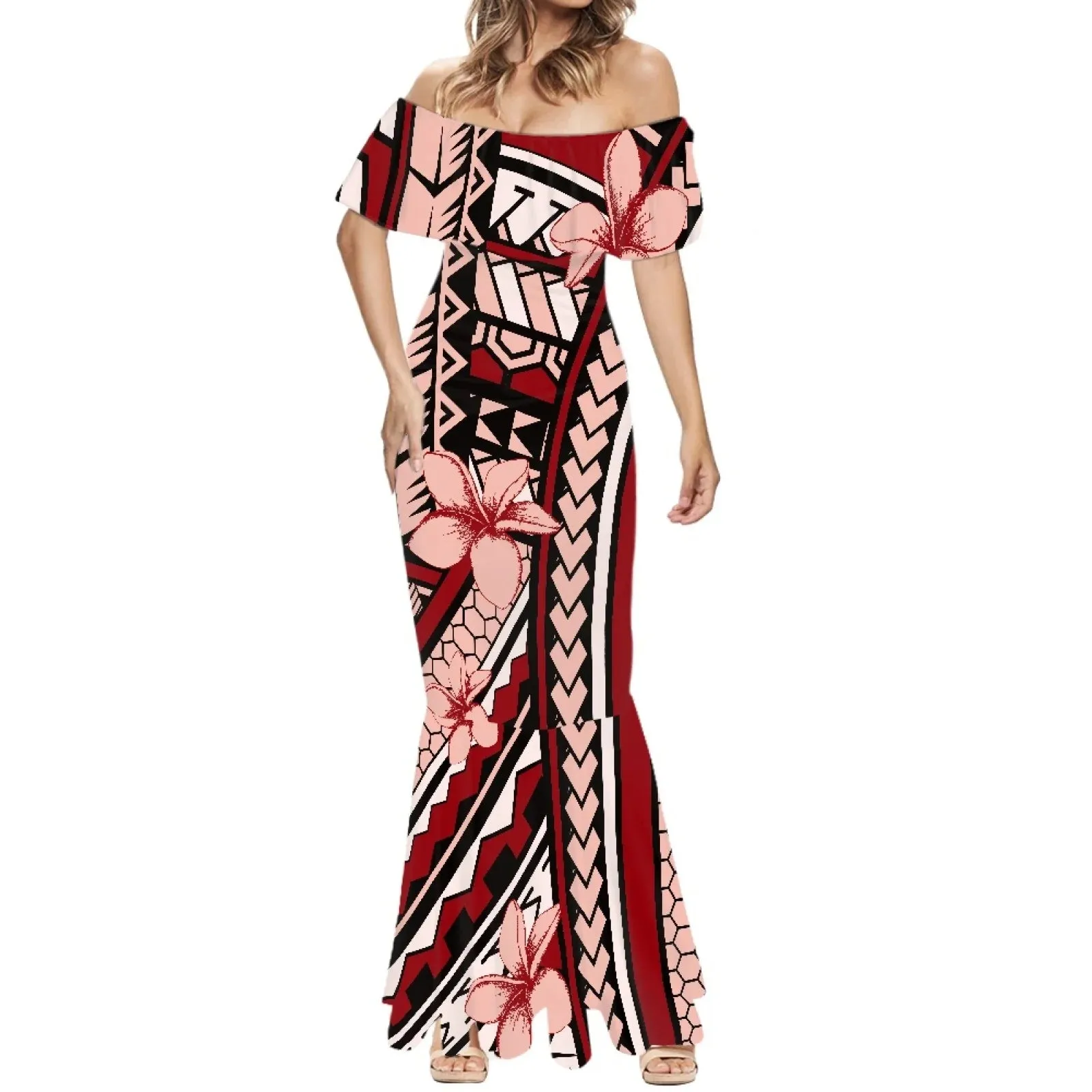 1pc Customized Hawaiian Print Women's 2024 Summer Dress Off The Shoulder Short Sleeve Shawl Casual Party Bodycon Mixi Dresses