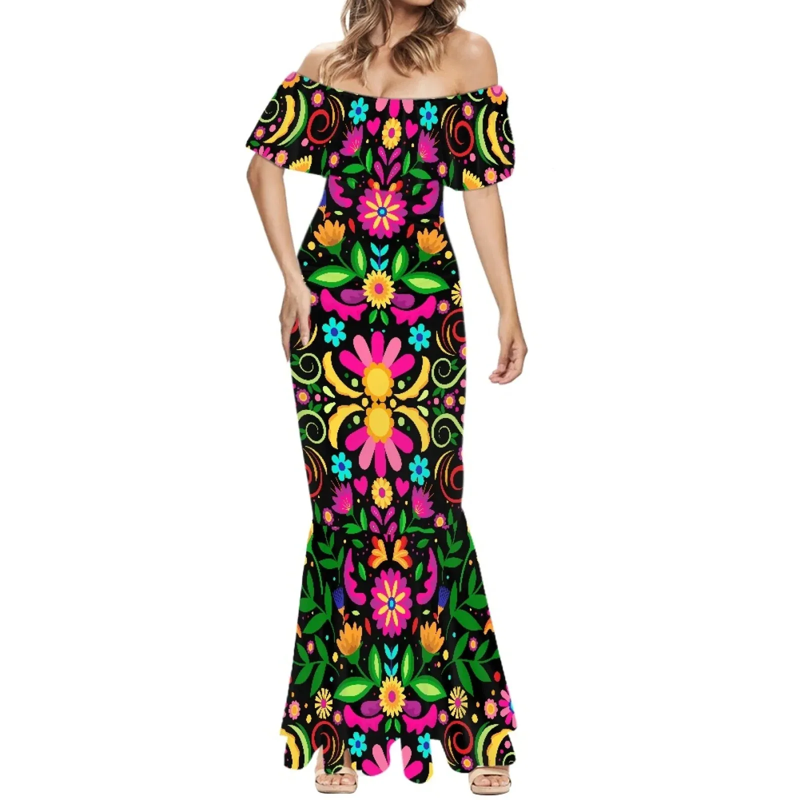 1pc Customized Hawaiian Print Women's 2024 Summer Dress Off The Shoulder Short Sleeve Shawl Casual Party Bodycon Mixi Dresses