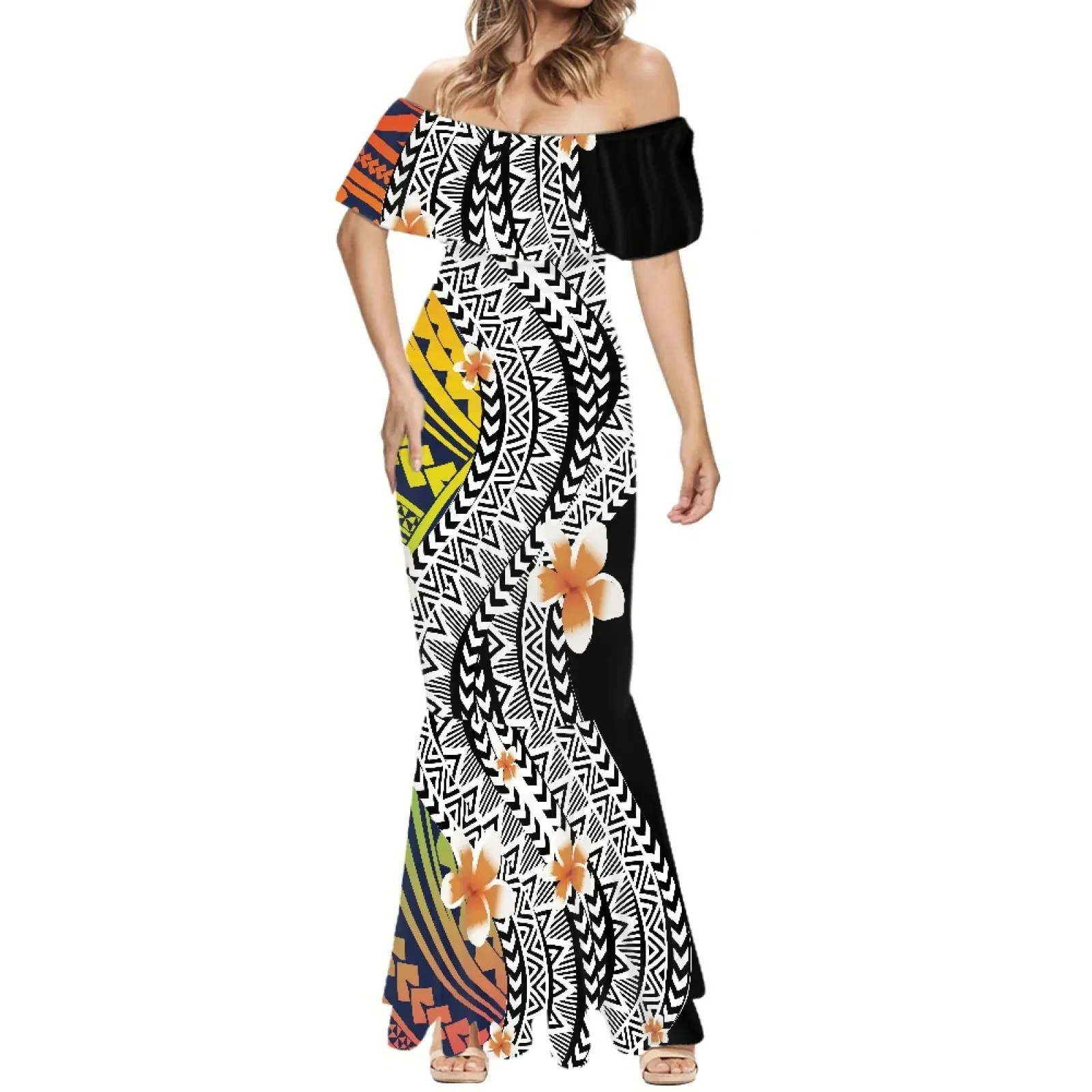 1pc Customized Hawaiian Print Women's 2024 Summer Dress Off The Shoulder Short Sleeve Shawl Casual Party Bodycon Mixi Dresses