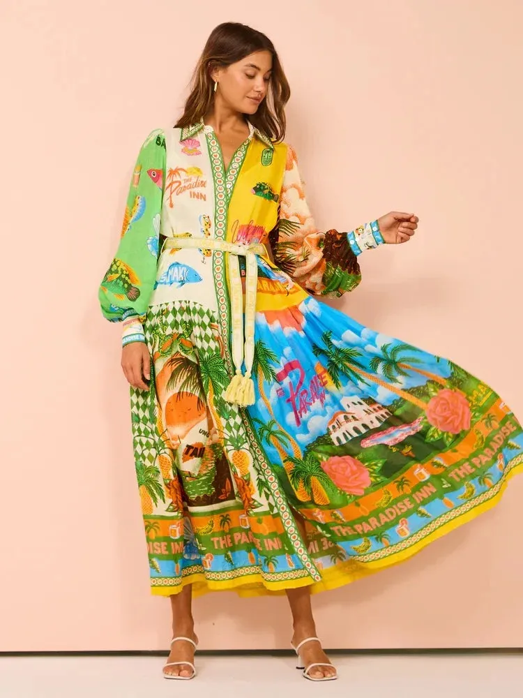 2024 Single-Breasted Long Lantern Sleeve Graffiti Print Tie Waist Dress, Pleated Skirt, Square Neckline, Long Sleeves, Mid-Waist