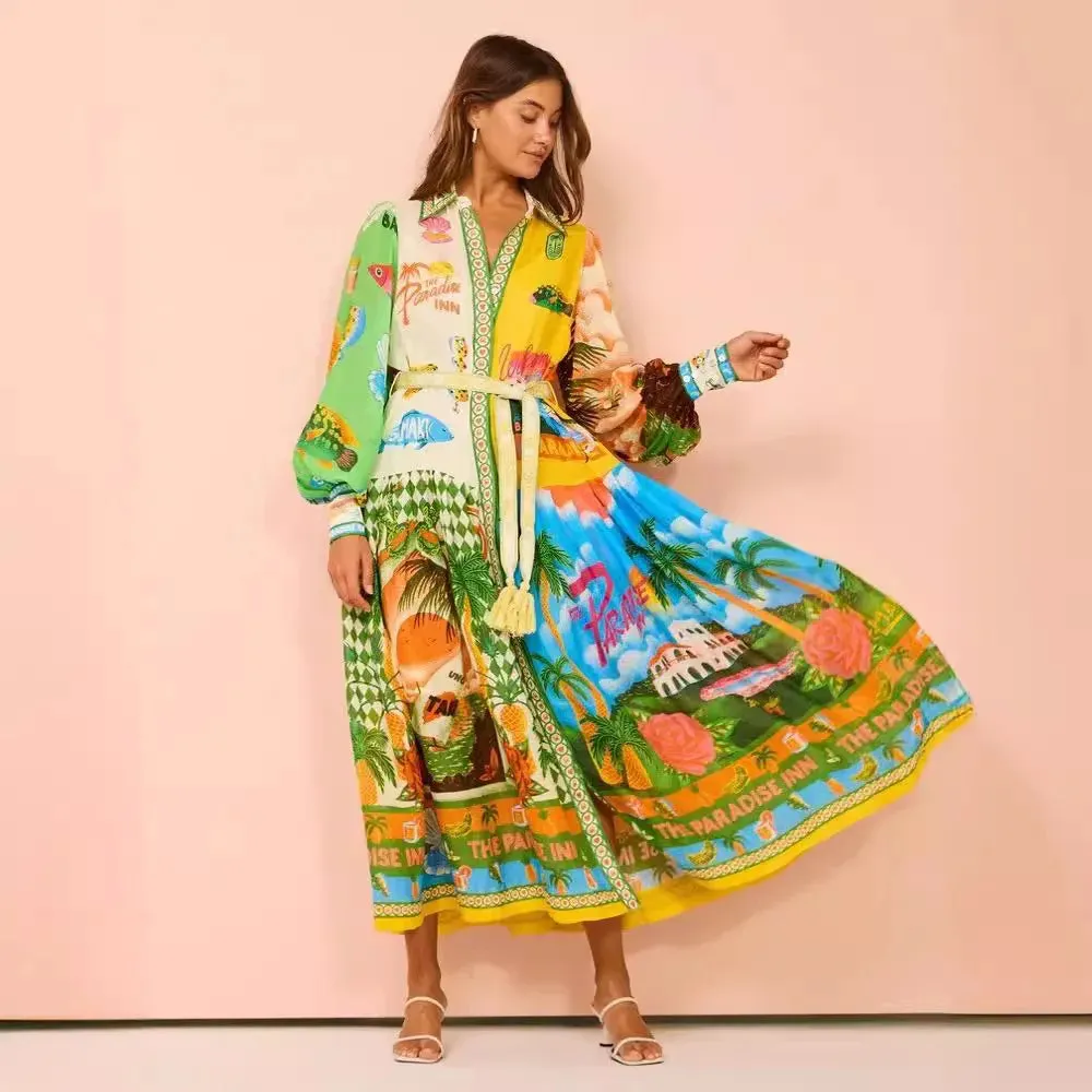 2024 Single-Breasted Long Lantern Sleeve Graffiti Print Tie Waist Dress, Pleated Skirt, Square Neckline, Long Sleeves, Mid-Waist