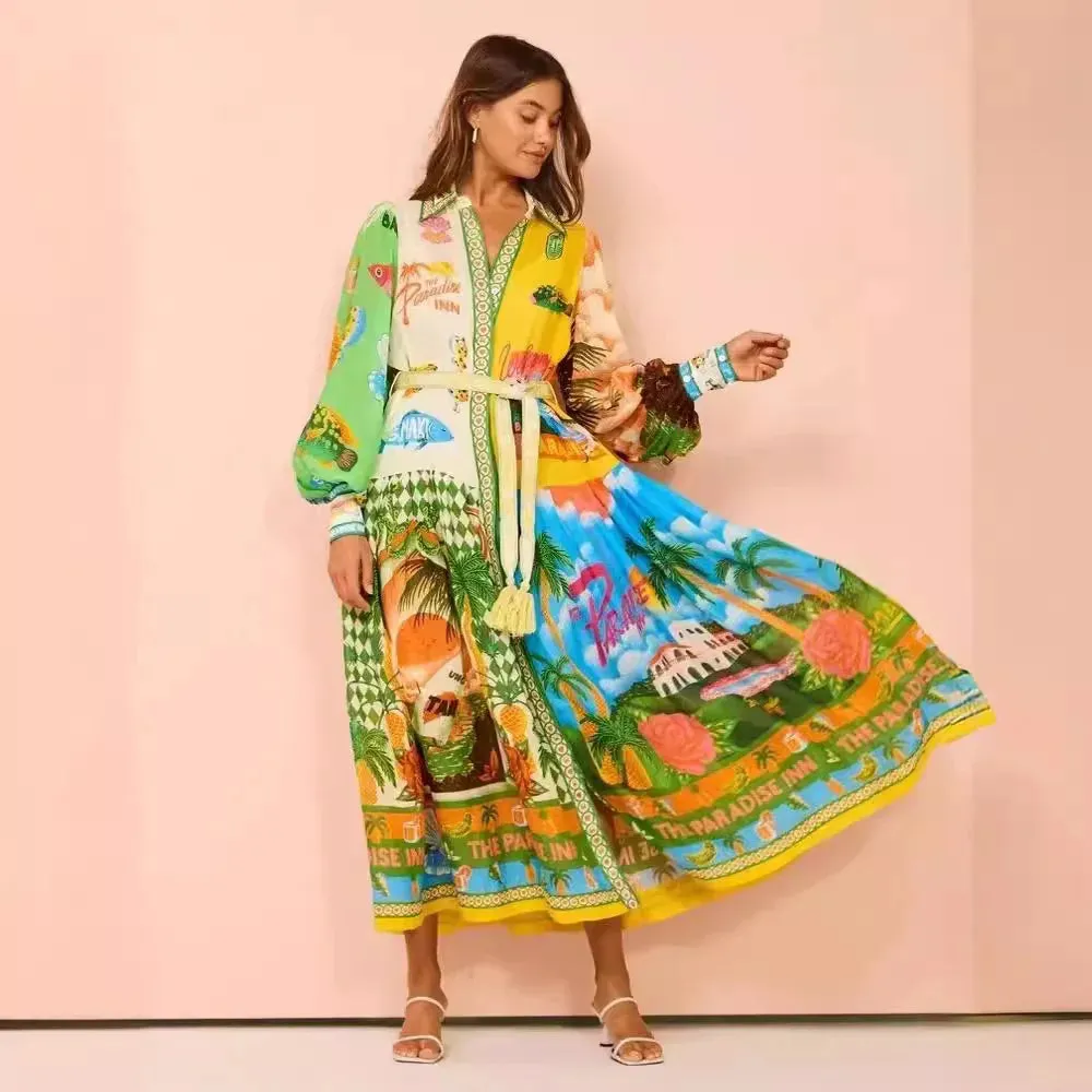 2024 Single-Breasted Long Lantern Sleeve Graffiti Print Tie Waist Dress, Pleated Skirt, Square Neckline, Long Sleeves, Mid-Waist