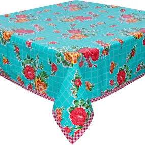 50 x 50 Rose and Grid Aqua Tablecloth with Red Gingham Trim