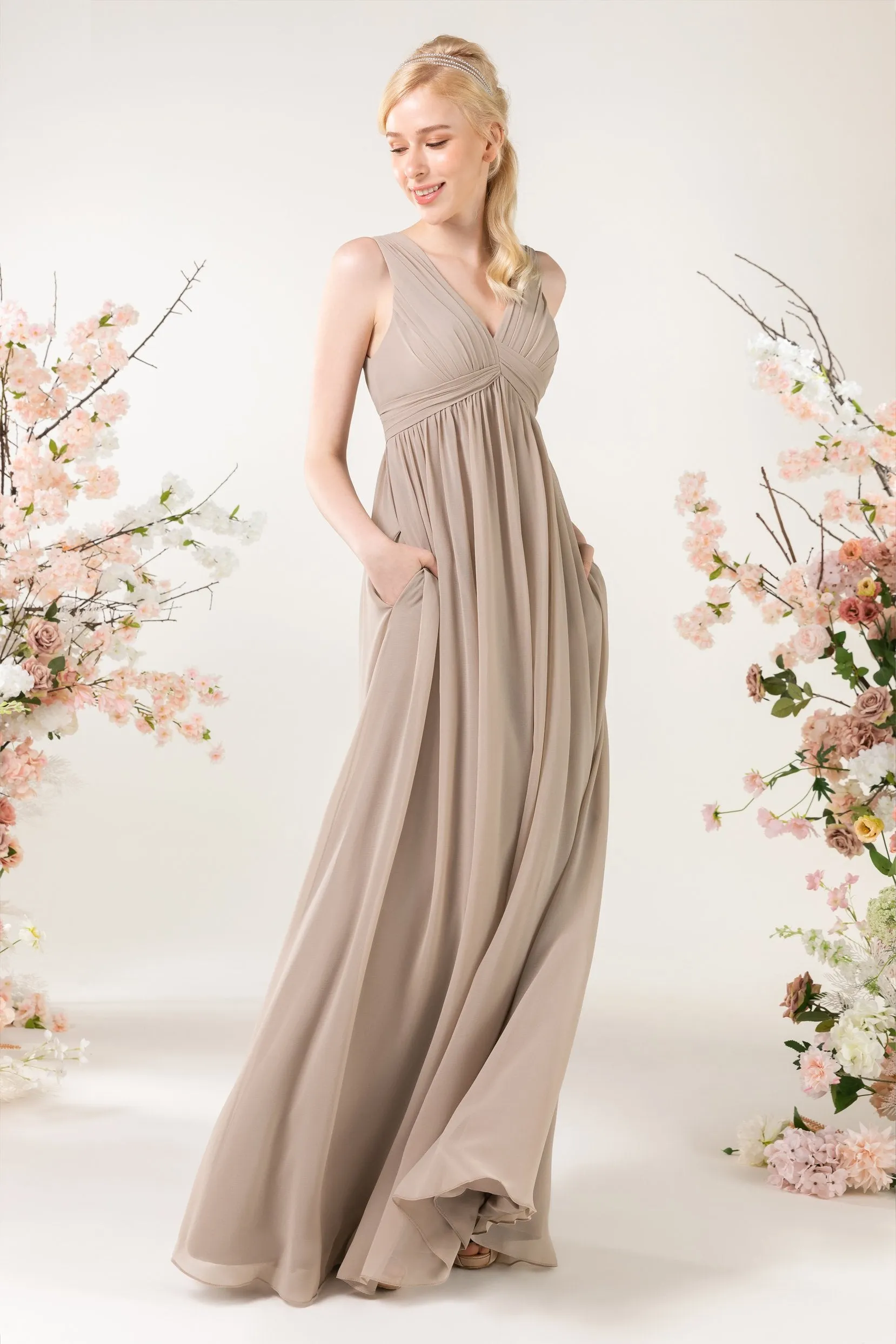 A-Line Sweep-Brush Train Chiffon Bridesmaid Dress CB0455