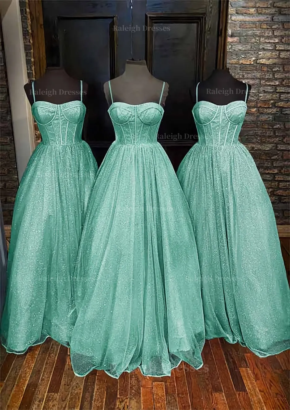 A-line Sweetheart Spaghetti Straps Long/Floor-Length Glitter Prom Dress With Pockets