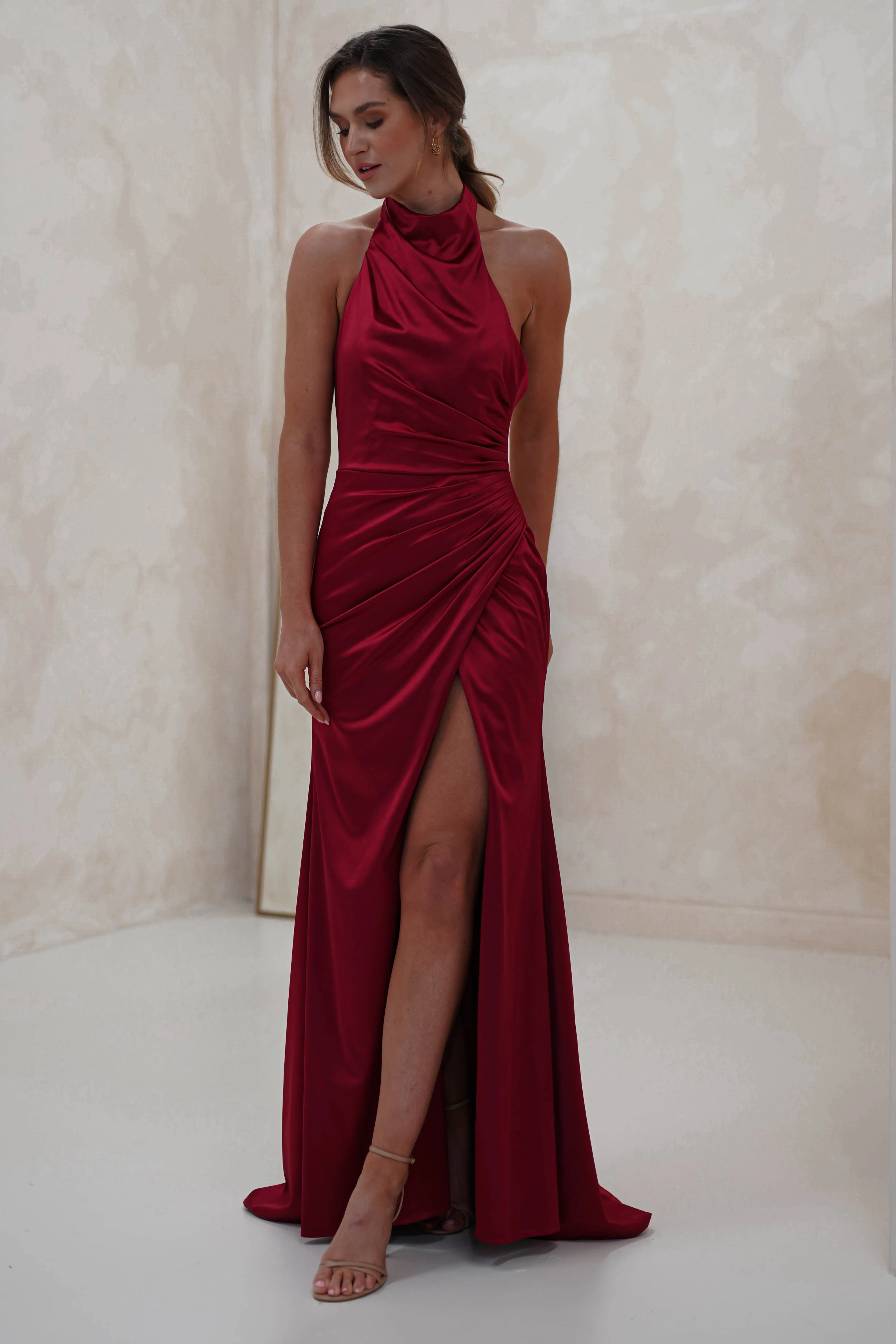 Alayna Draped Halterneck Gown | Dark Red