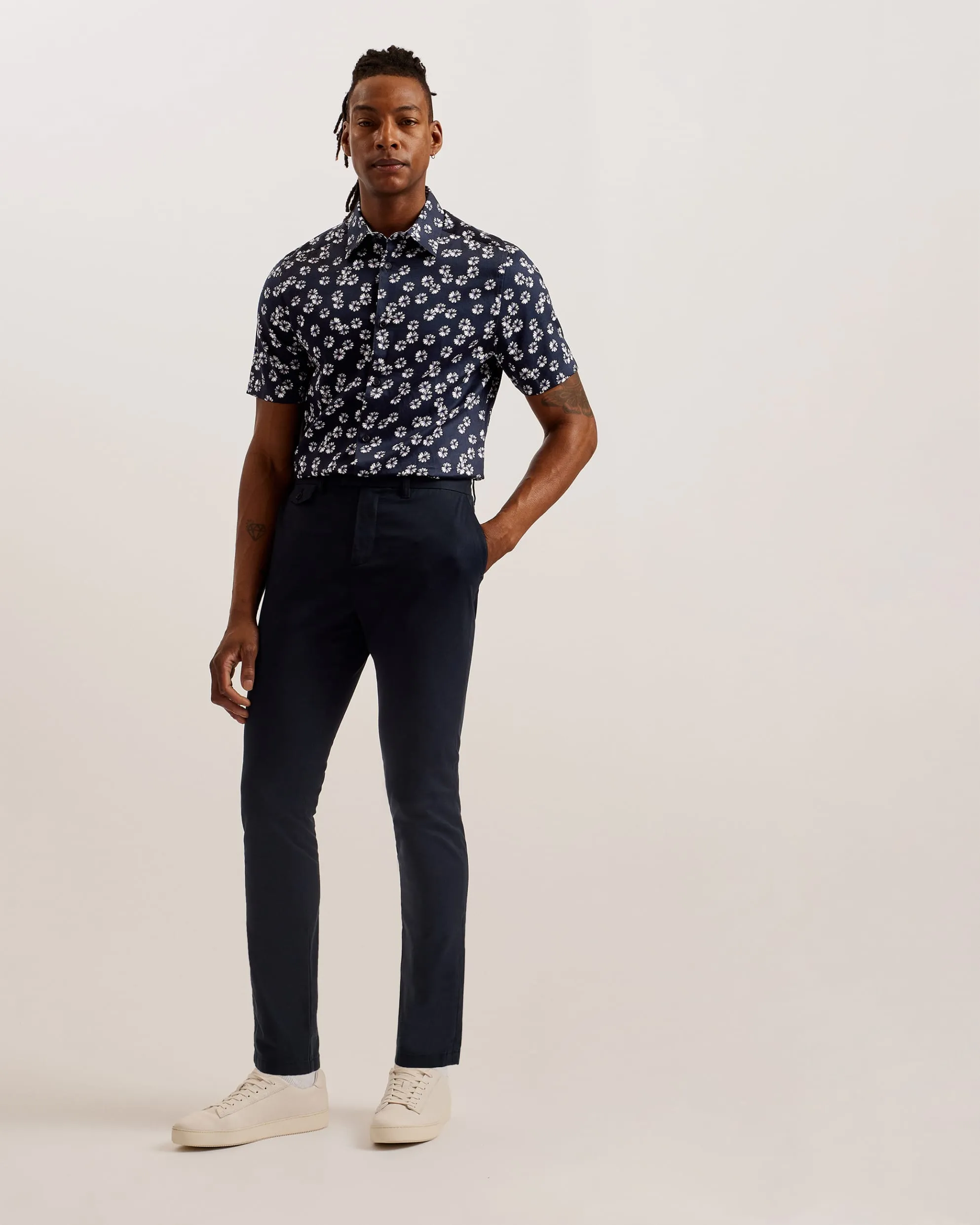 Alfanso Slim Fit Floral Short Sleeve Shirt Navy