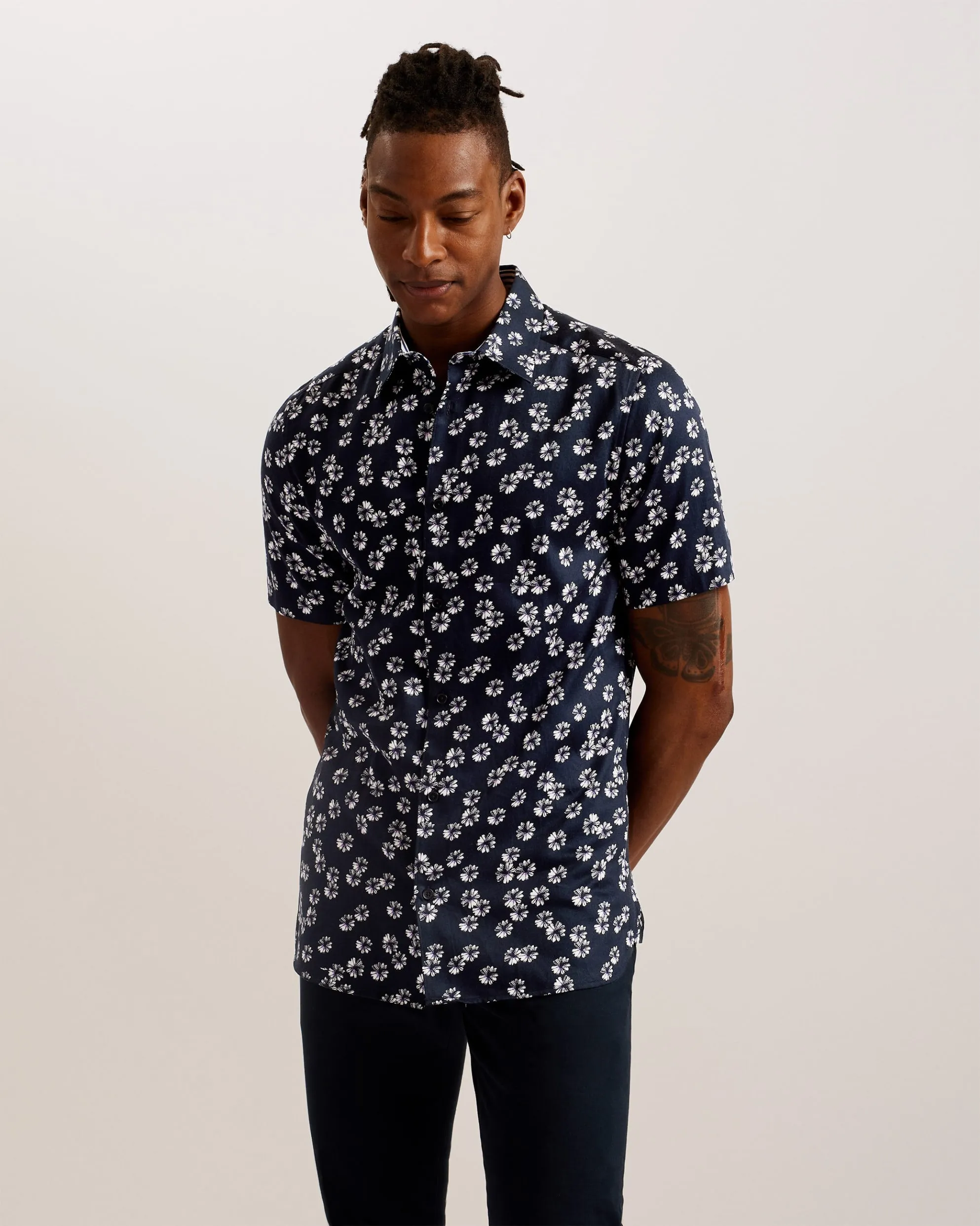 Alfanso Slim Fit Floral Short Sleeve Shirt Navy