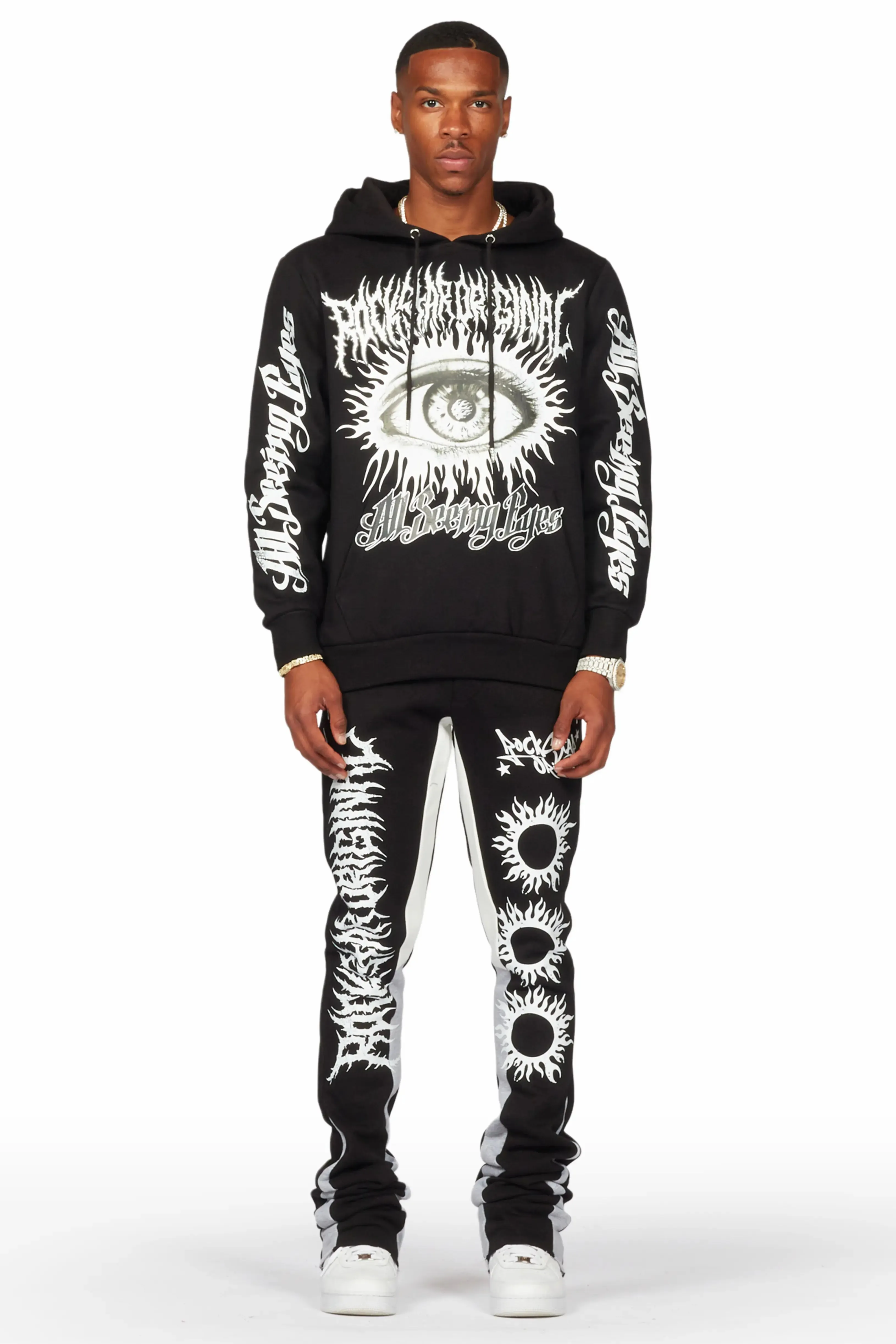 All Seeing Eyes Black Super Stacked Flare Track Pant Set