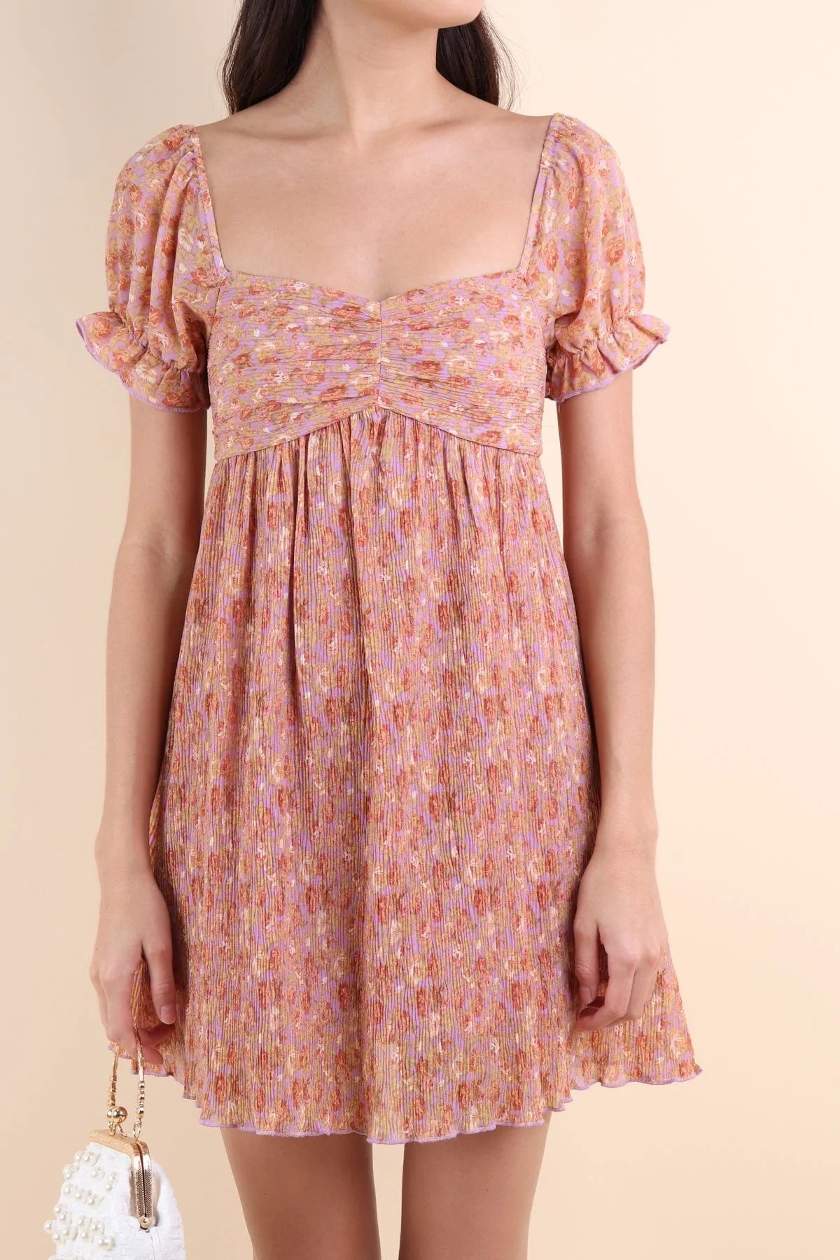 AMARA CRINKLED VINTAGE FLORAL DRESS IN LILAC/CARAMEL